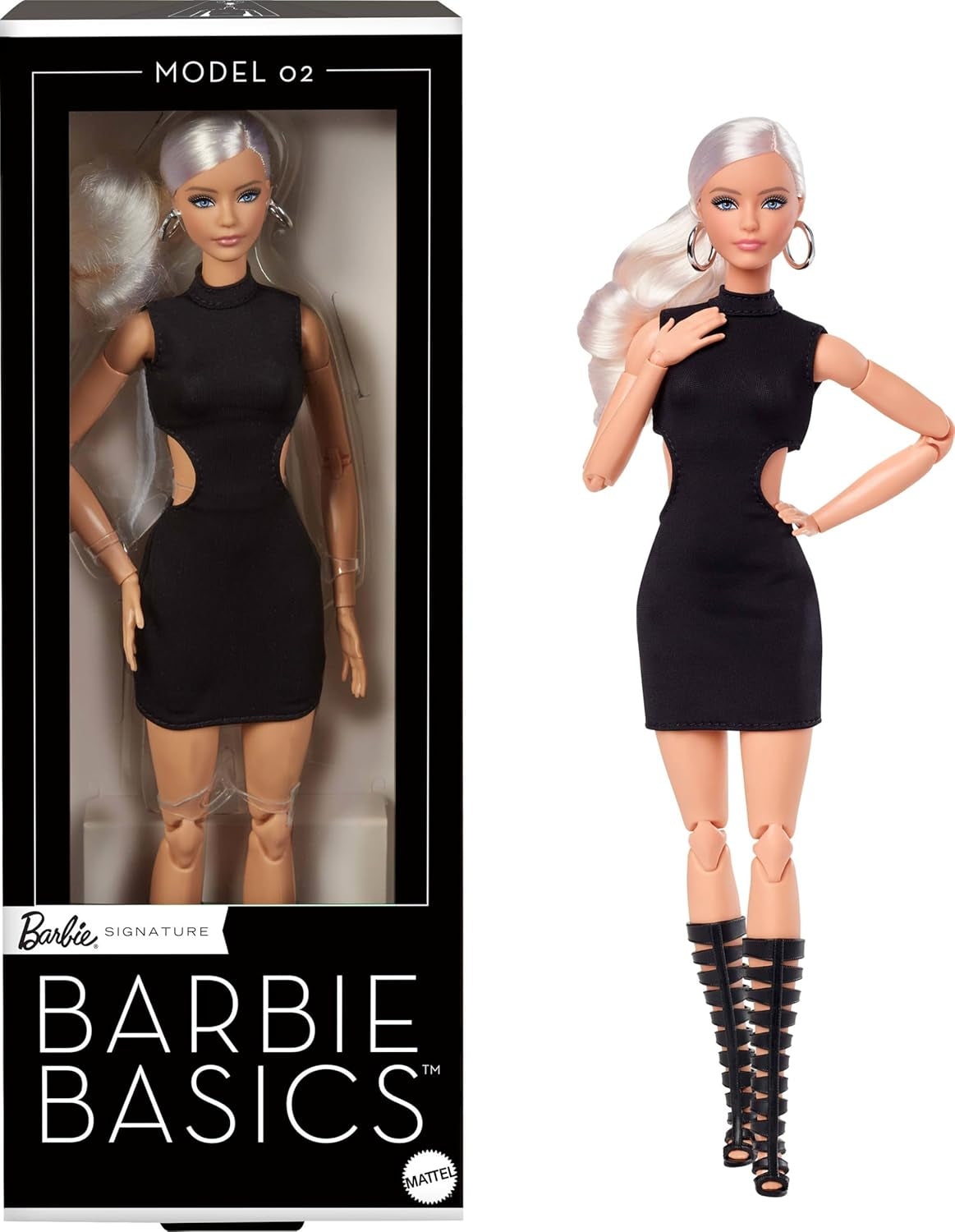 Barbie Basics Muñeca Coleccionable Modelo 2 con Cabello Rubio, Mini Vestido Negro y Botas de Gladiador, Talla Única para Todo Moda, Cuerpo Articulado y Cabeza Intercambiable, JBH71