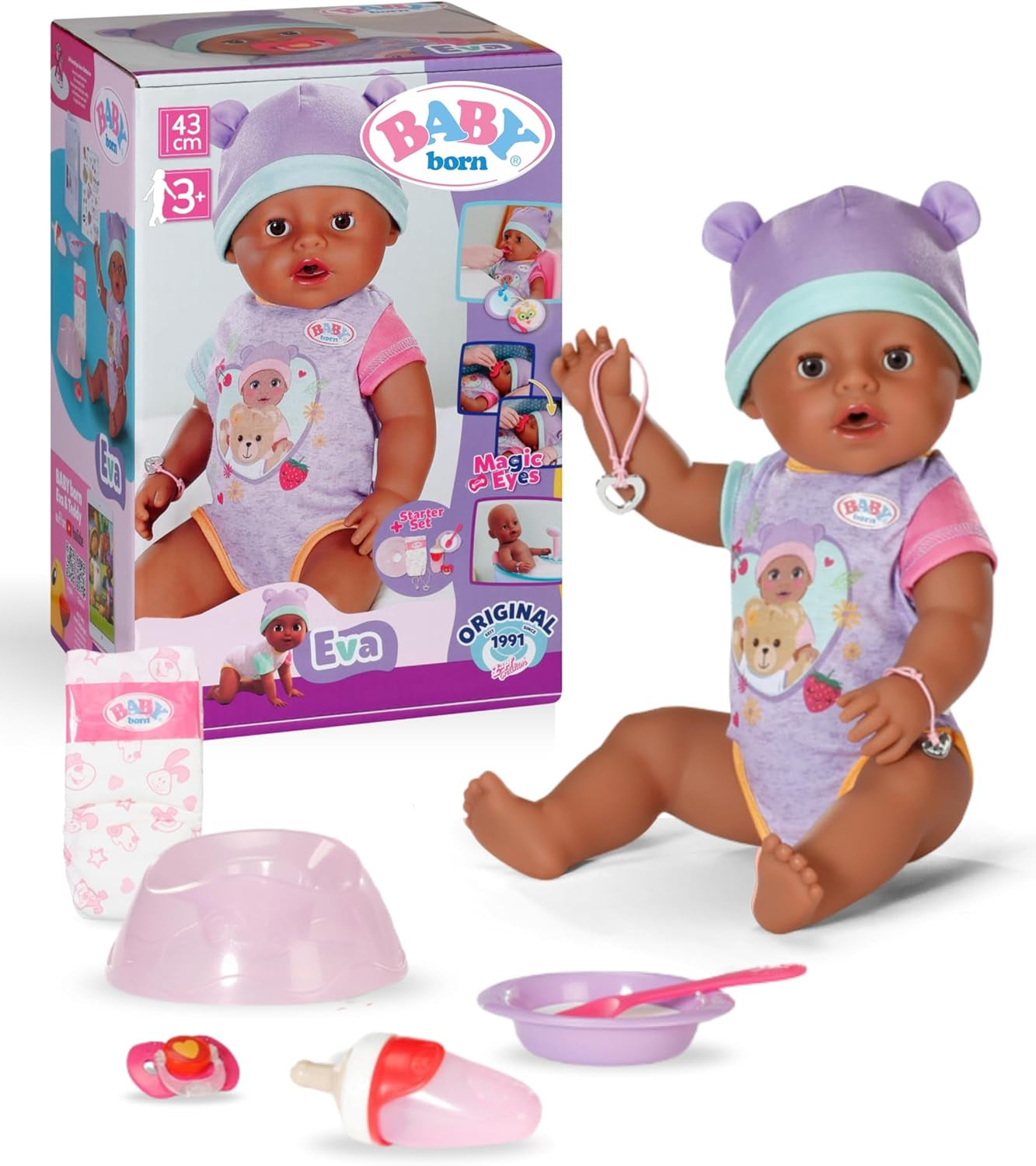 BABY Born Eva - muñeca bebé 43 cm - 10 funciones incluidos accesorios y colchón - Funciona completamente sin pilas - Apto para niños a partir de 3 años