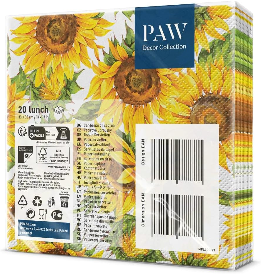 PAW - Servilletas de 3 capas (33 x 33 cm) I 20 piezas I Perfectas para cumpleaños, fiestas, fechas I Decoración de mesa de otoño I Servilletas de papel de colores - Pétalos amarillos de girasol I Girasol bailando