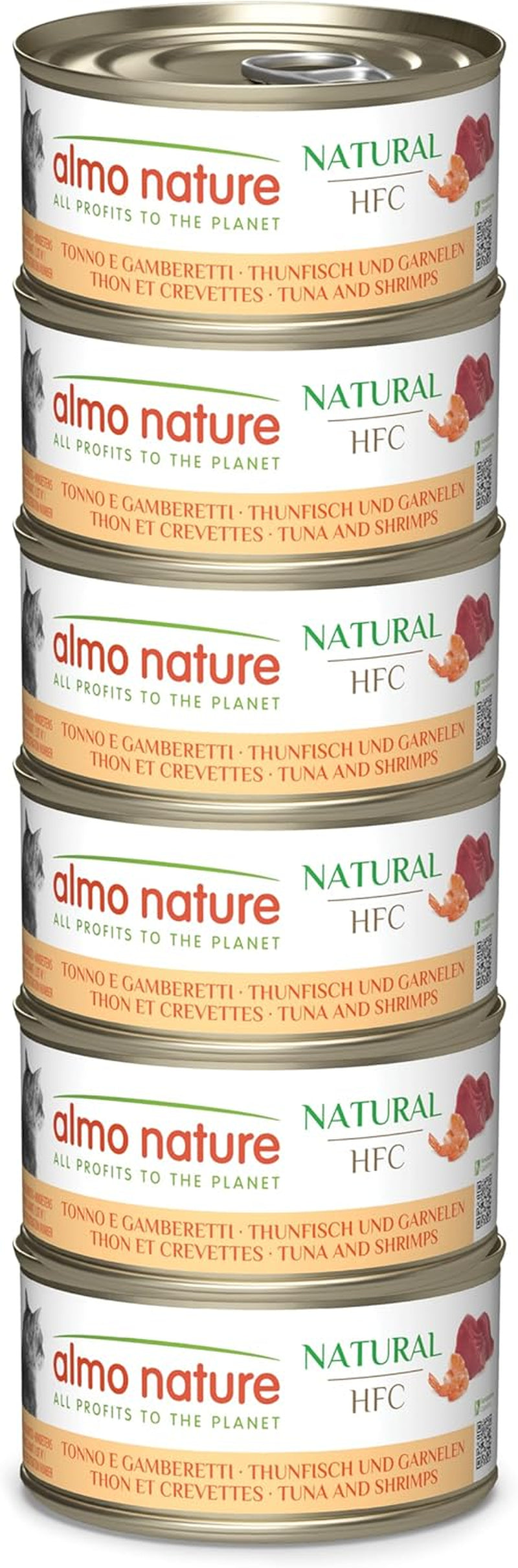 Almo Nature HFC Natural - Comida húmeda para gatos adultos - Atún y gambas - Calidad humana, Sin gluten - 6 x 70g