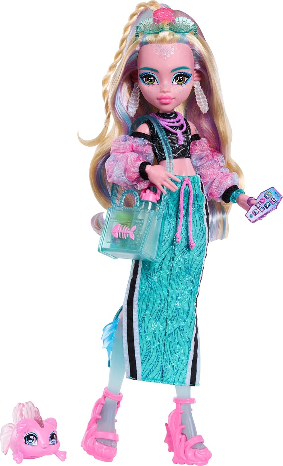Muñeca Monster High Lagoona Blue Neptuna Fish con top corto y falda larga deportiva con 7 accesorios que incluyen gafas de sol, refrigerio y bolso, JHK33