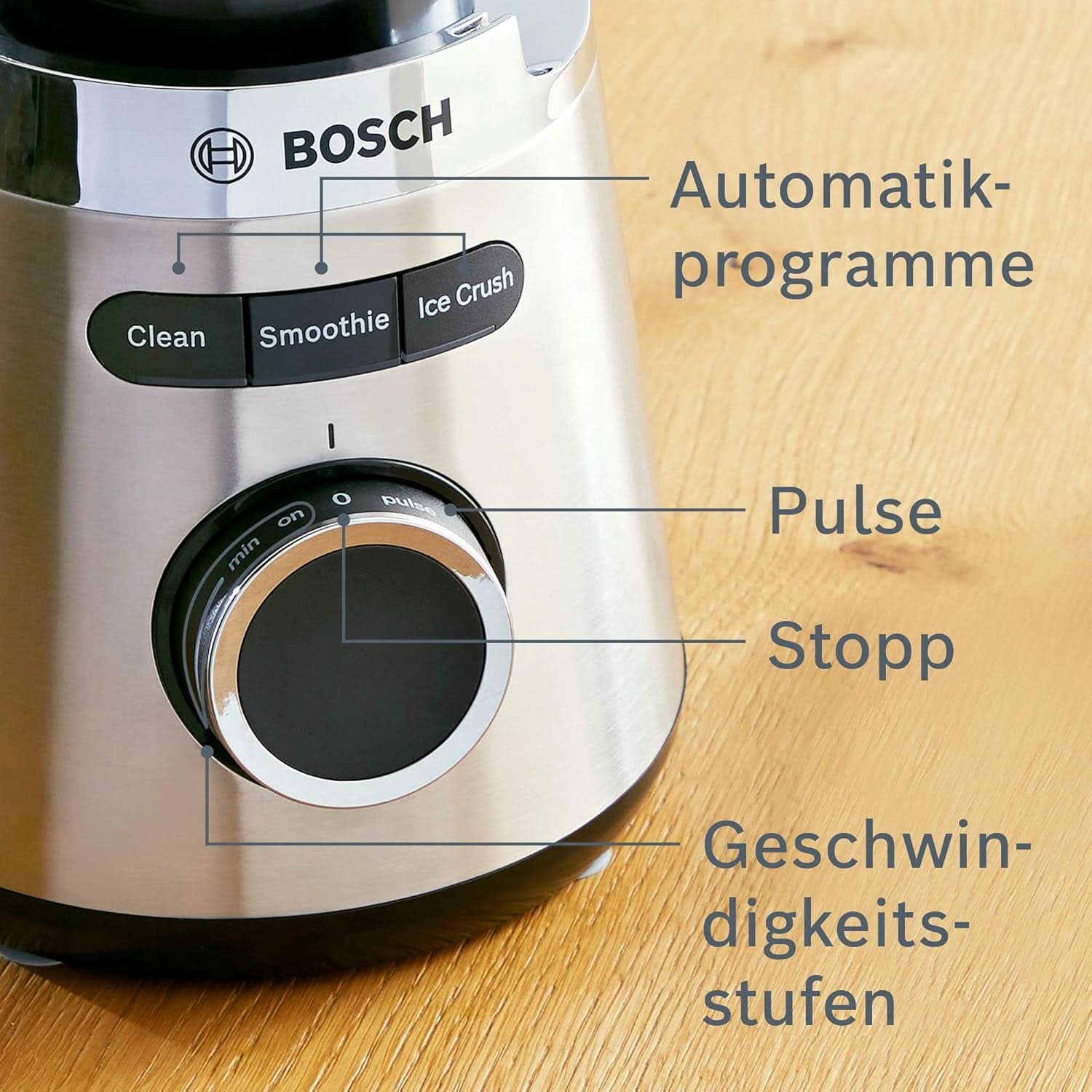 Bosch Batidora de pie Vitapower Serie 4 MMB6382M, Edelstahl-Klingen Made in Germany, 1,5L Thermosafe Glasbehälter, Stopfer, Sicherheitsdeckel, Spülmaschinengeeignete Teile, 30.000 U/Min, 1200 W, Edelstahl Kitchen Naty Shop