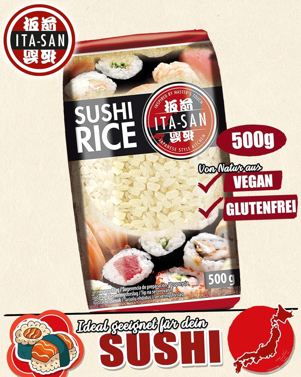 ITA-SAN Arroz para Sushi, Grano Redondo, Primera Calidad, Variedad 100% Puro, Fácil y Rápida Preparación, Vegano, Halal, Sin Gluten (1 x 500g)