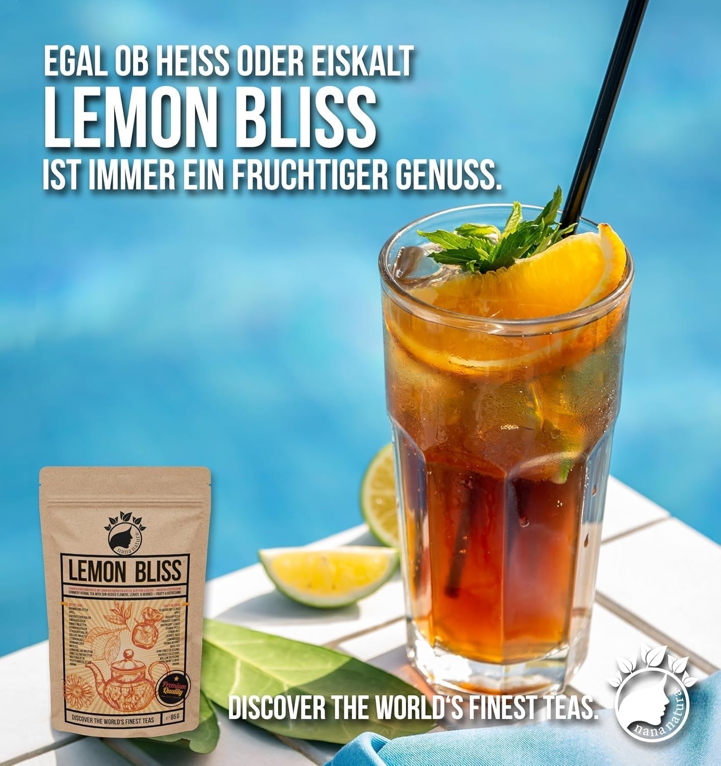 TÉ DE LEMON BLISS Original de Nananatura 85G | Té de hierbas de verano afrutado y refrescante | Como té frío, té helado o caliente clásico | Con flores, hojas y bayas maduradas al sol | sin azúcar