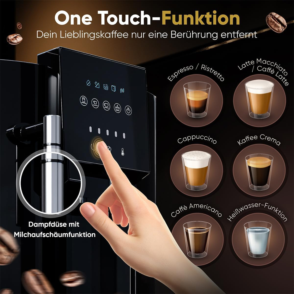 Cafetera espresso ProfiCook® totalmente automática con espumador de leche para capuchino | Molinillo cónico | con función de calentamiento de tazas | Bomba profesional italiana | Pantalla táctil | Café expreso | PC KAV 1281