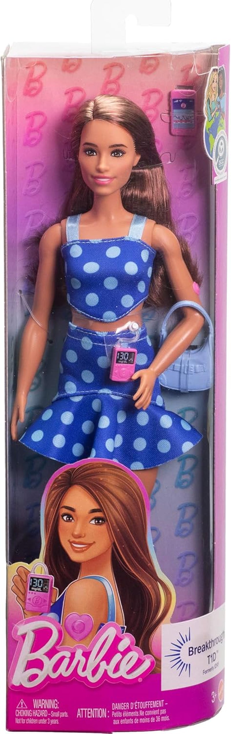 Muñeca Barbie Fashionistas #242 con diabetes tipo 1 y atuendo y accesorios de lunares en colaboración con Breakthrough T1D, HYT97