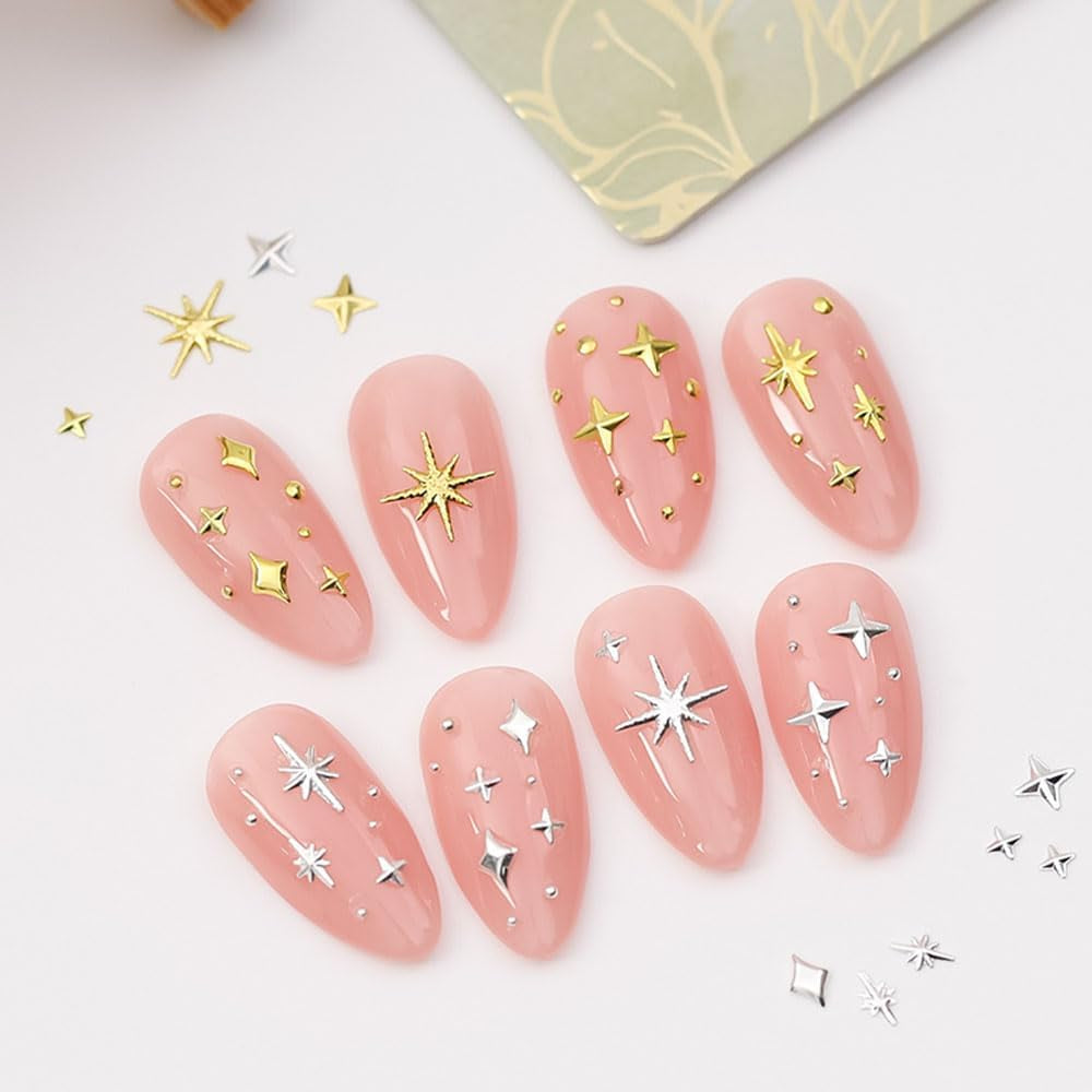 120 piezas de dijes de uñas de estrella dorada y plateada, uñas Y2K de estrella, dijes de uñas de estrella de metal, tamaños mixtos, tornillos para uñas, diseño de uñas de estrella, arte de uñas, dijes de estrellas 3D, decoración de uñas, dijes de uñas, accesorios para uñas