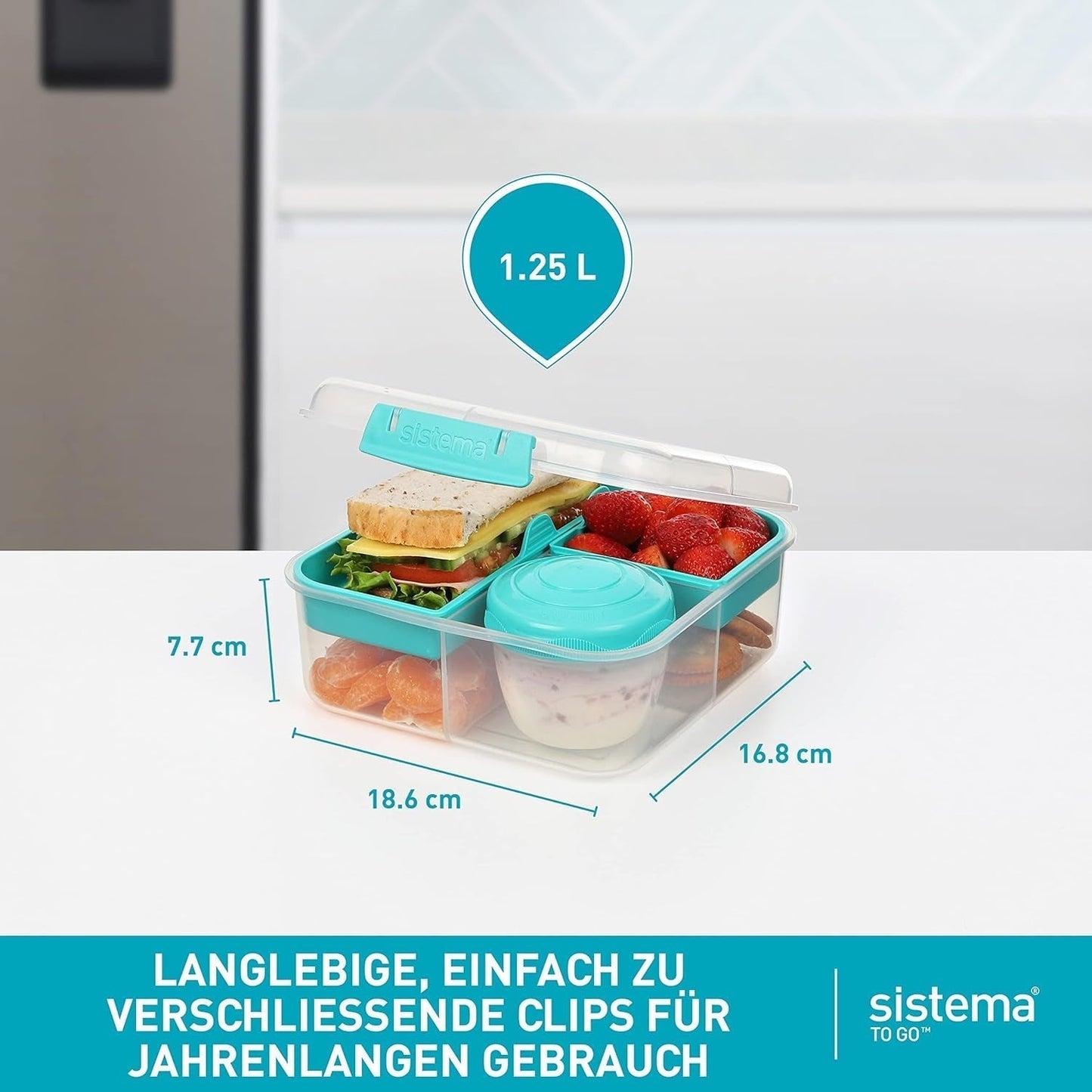 Sistema de fiambrera Bento Box TO GO con compartimentos | Fiambrera de 1,25 L con recipiente para yogur/fruta | para niños y adultos l | Minty Teal sin BPA [21685-8T], verde menta Naty Shop cajas para conservar alimentos