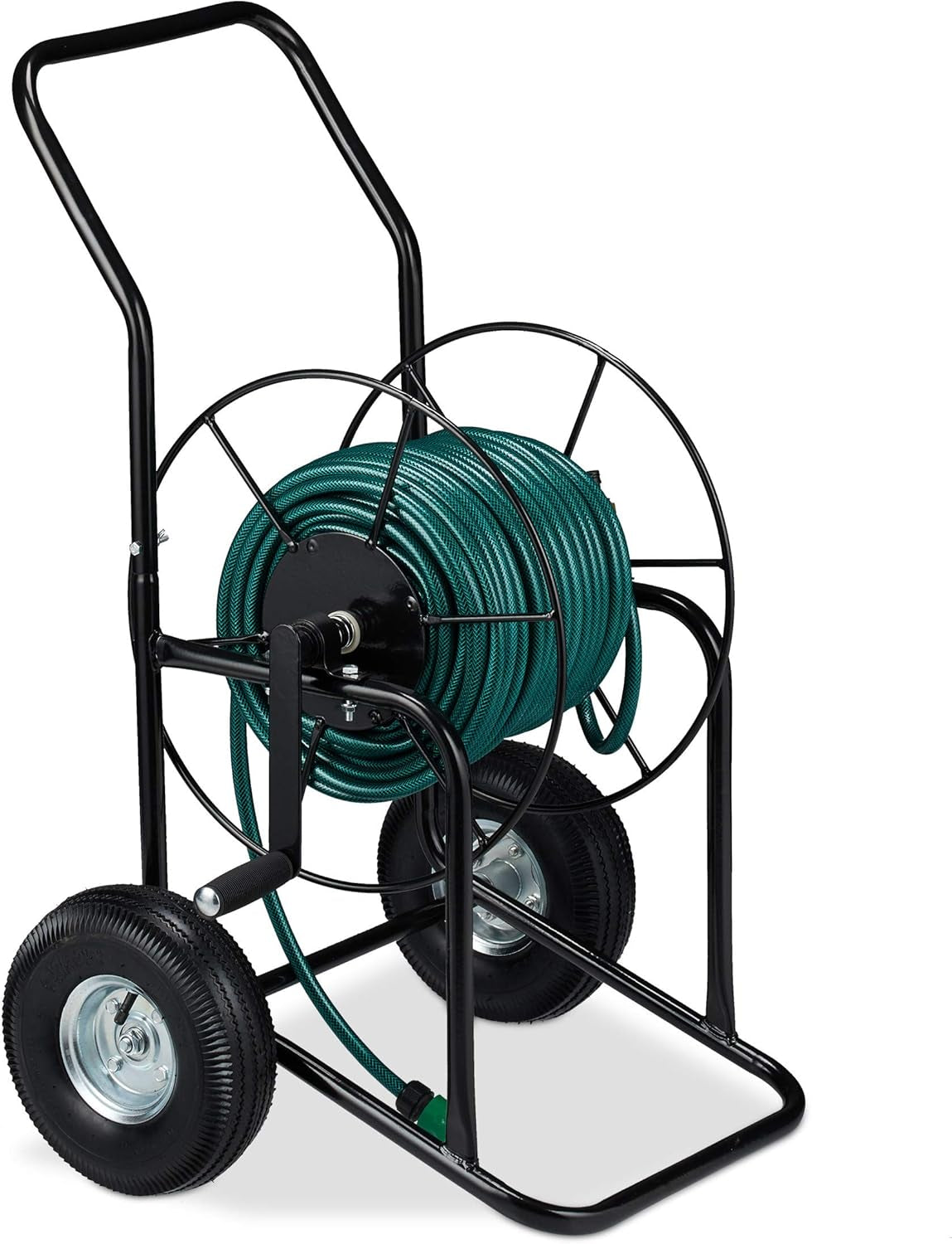 Relaxdays Carro portamangueras, enrollador de mangueras móvil, conexión de 1/2" y 3/4", manguera de hasta 80 m, 2 ruedas, metal, negro