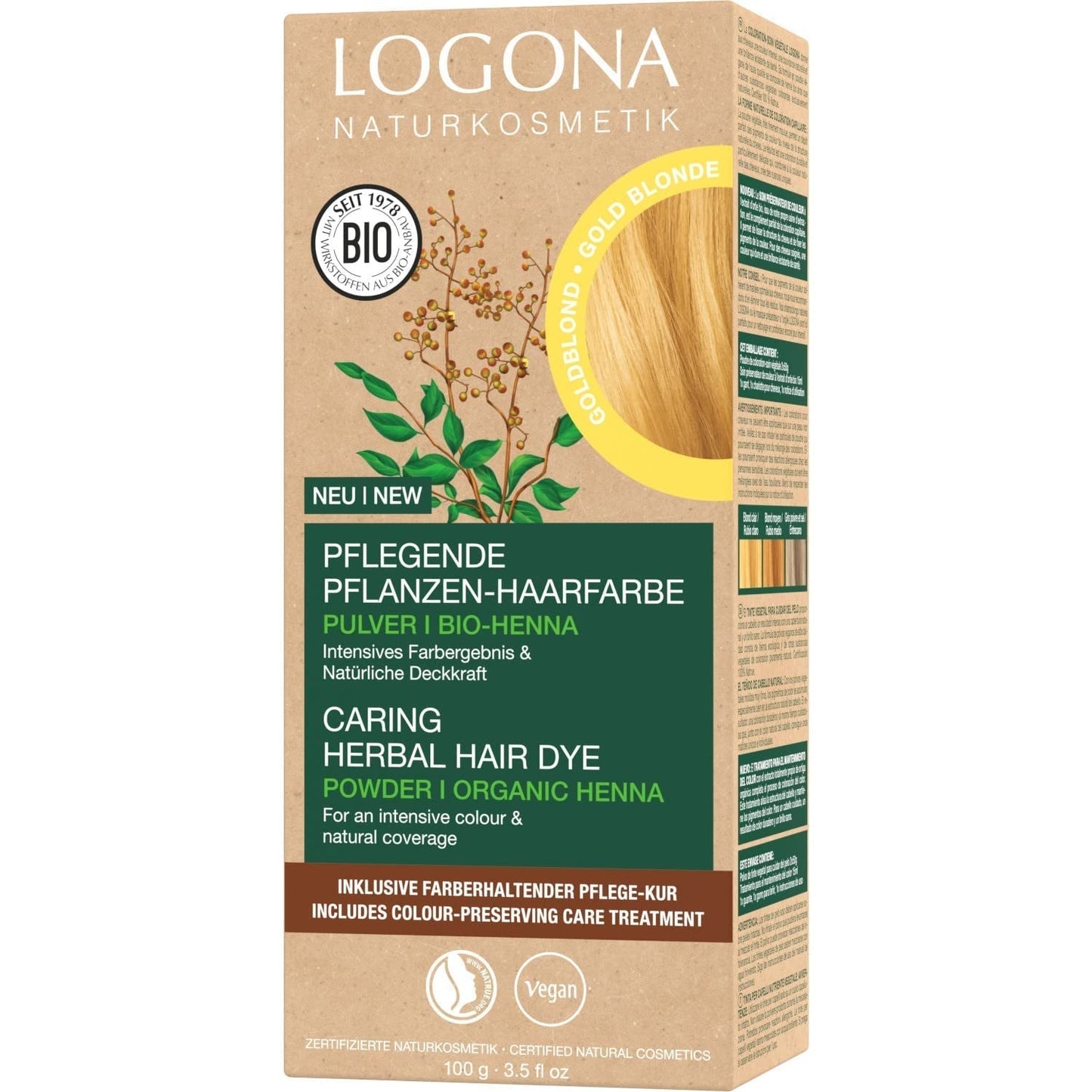 LOGONA Natural Cosmetics Tinte Capilar Nutritivo a Base de Hierbas, Henna Orgánica en Polvo Tinte Vegano para un Color y Brillo Intensos, Tinte Capilar a Base de Hierbas en Rubio Cobrizo (Rubio), 1 x 100 g Naty Shop Tinte Capilar Rubio Dorado 100 G (1 paquete)