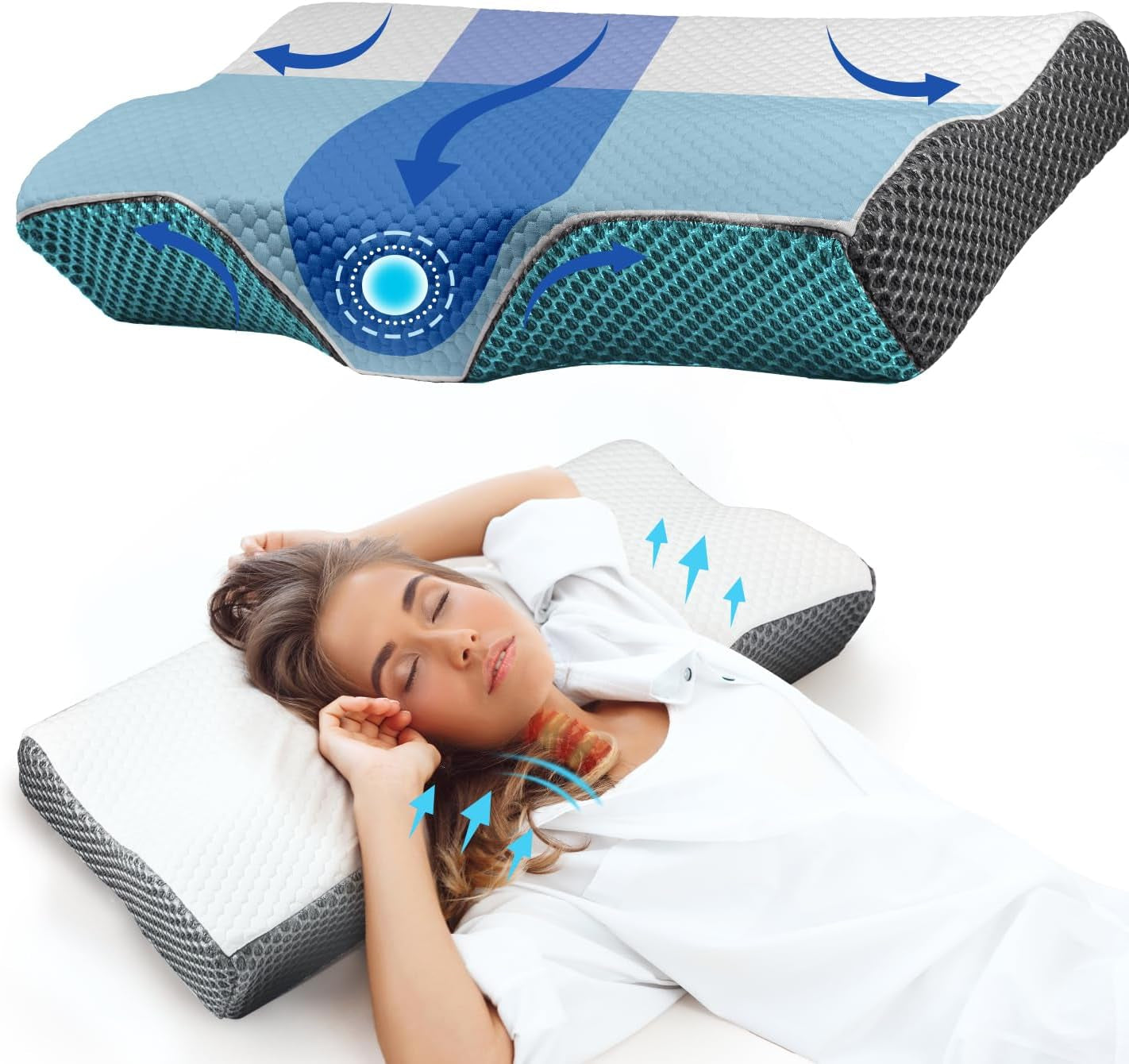 Almohada para el dolor de cuello, almohada ortopédica ergonómica para el cuello, almohada de espuma viscoelástica abdominal para la espalda lateral, almohada antironquidos para hombres y mujeres (62 * 34,5 * 12/8 CM) Almohadas ortopédicas cervicales Naty Shop