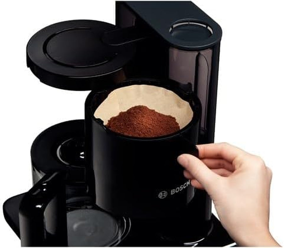 Bosch Styline TKA8013 Cafetera espresso con filtro, sensor de aroma, jarra de cristal preservadora de aroma de 1,25 l, 10-15 tazas, apagado automático, sistema descalcificador, sistema antigoteo, soporte de filtro giratorio, 1160 W, negro