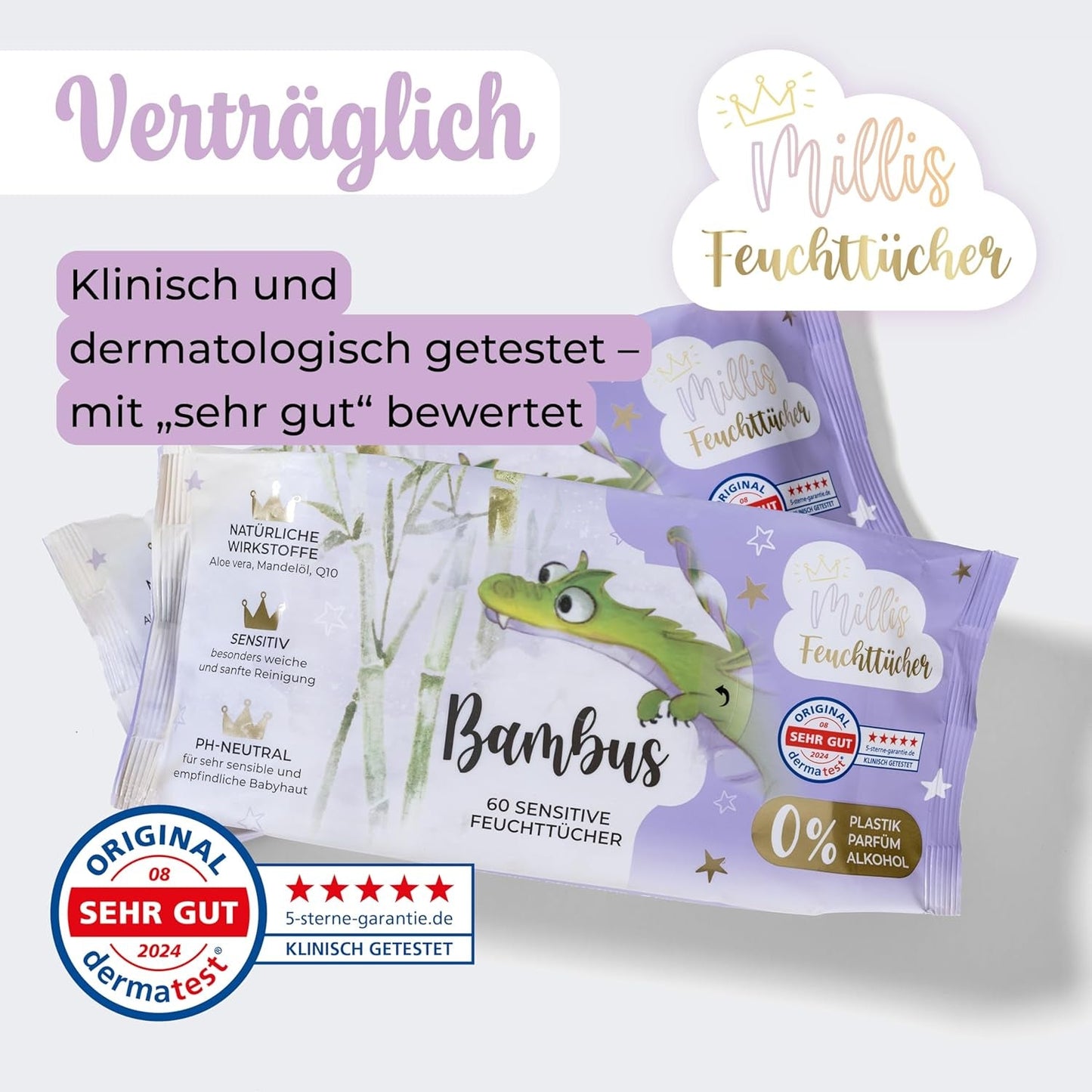 Millis Bamboo Baby Toallitas húmedas sensibles para la delicada piel del bebé - 5 x 60 piezas - Limpieza natural, suave y sostenible - Toallitas húmedas biodegradables, sin plástico y sin alcohol