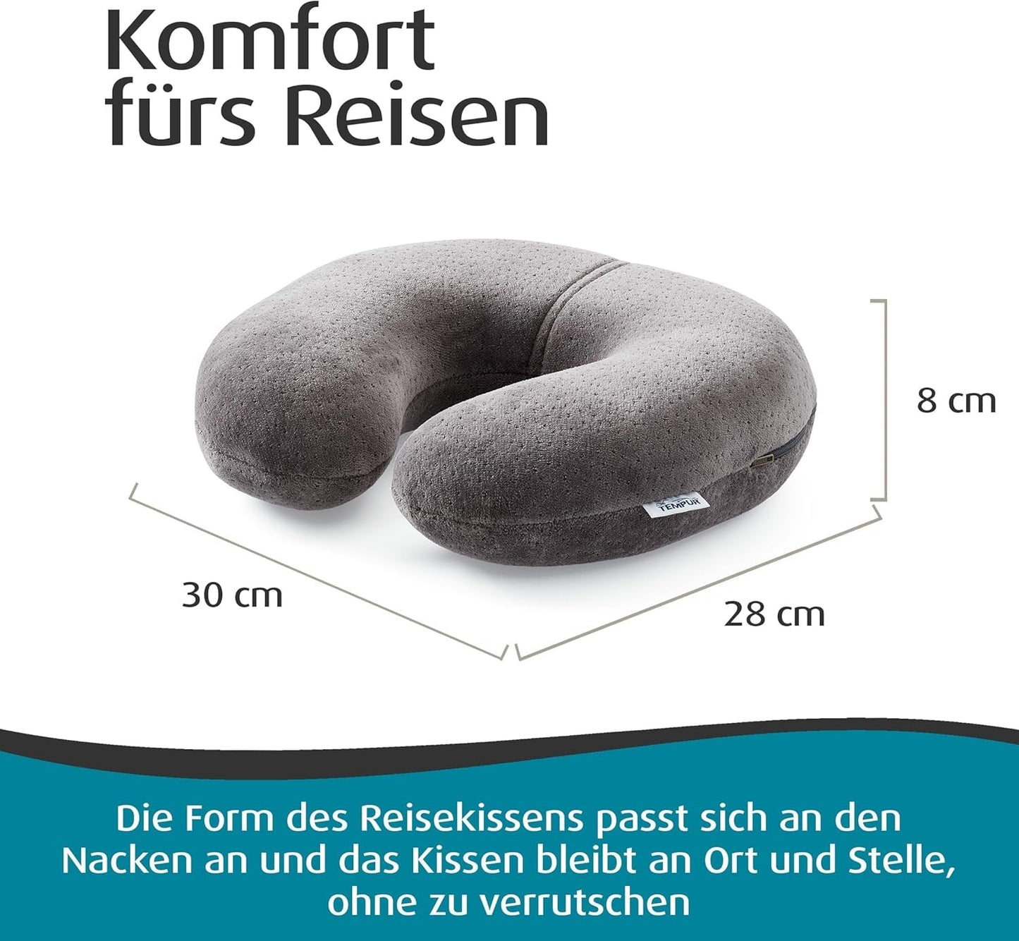 TEMPUR Transit Almohada de Viaje Cómoda Almohada Viscoelástica para el Cuello Ideal para Viajar en Autobús, Tren, Coche o Avión 30 x 28 x 8 cm