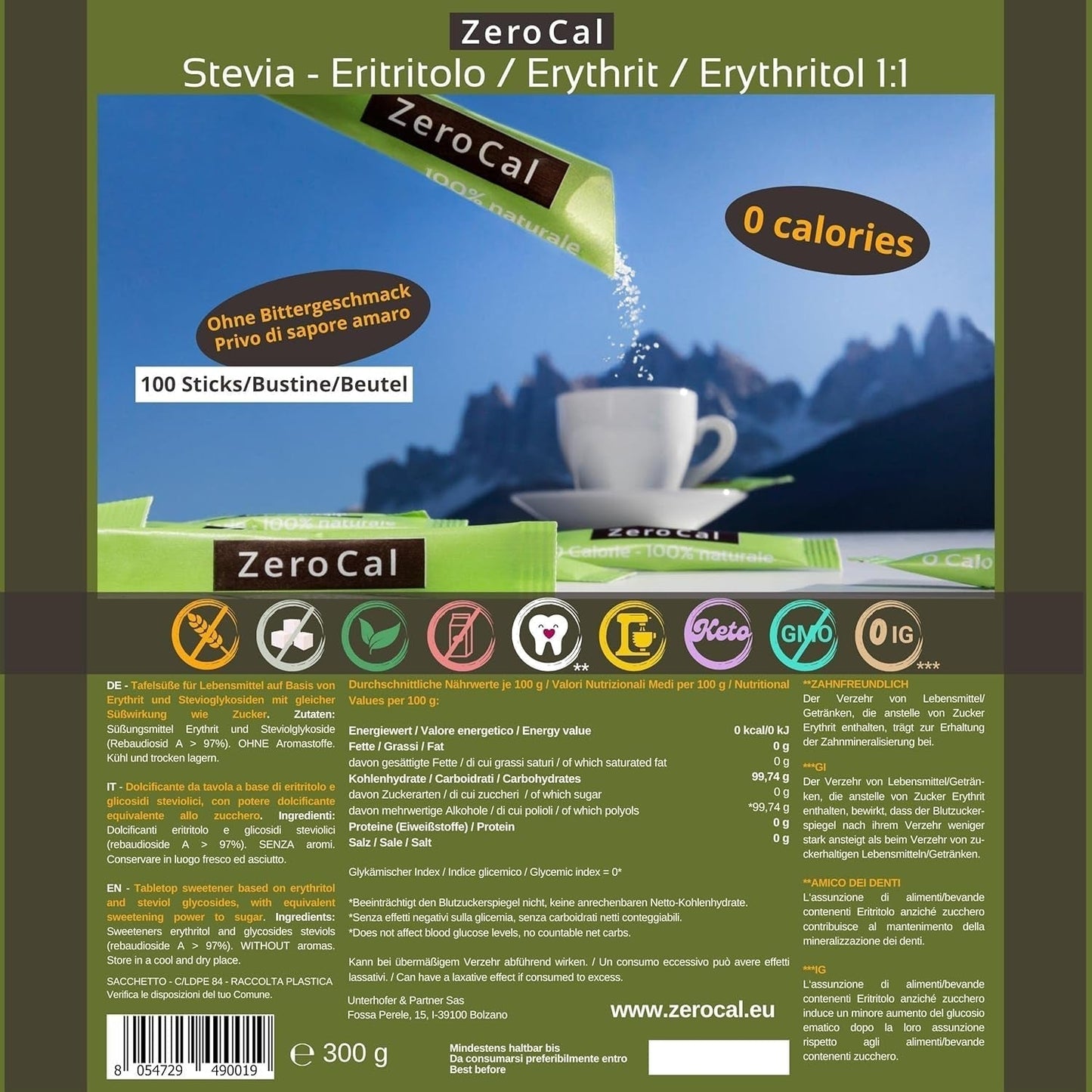 Zerocal - 1:1 (Eritritol + Stevia) 100 Sticks Je 3 G | Ideal para endulzar café, té y otras bebidas Gleiche Süßkraft Von Zucker | Sin gluten, vegano, sin OGM | Kalorien Und GI = 0 Edulcorantes Naty Shop