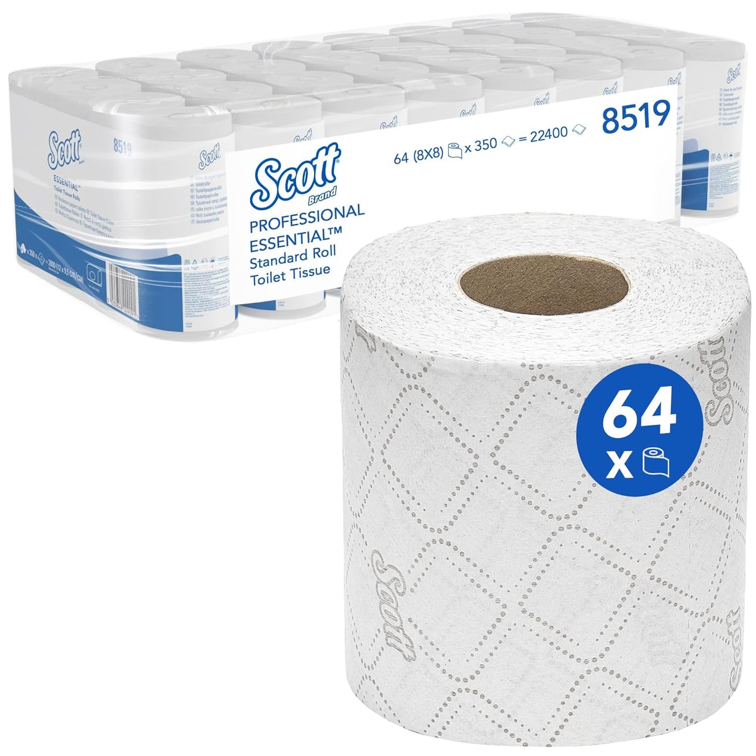 Papel higiénico Scott® Essentialtm 8519 Papel higiénico de fibra reciclada con certificación FSC blanco de 2 capas 64 rollos x 350 hojas (total 22,400 hojas)
