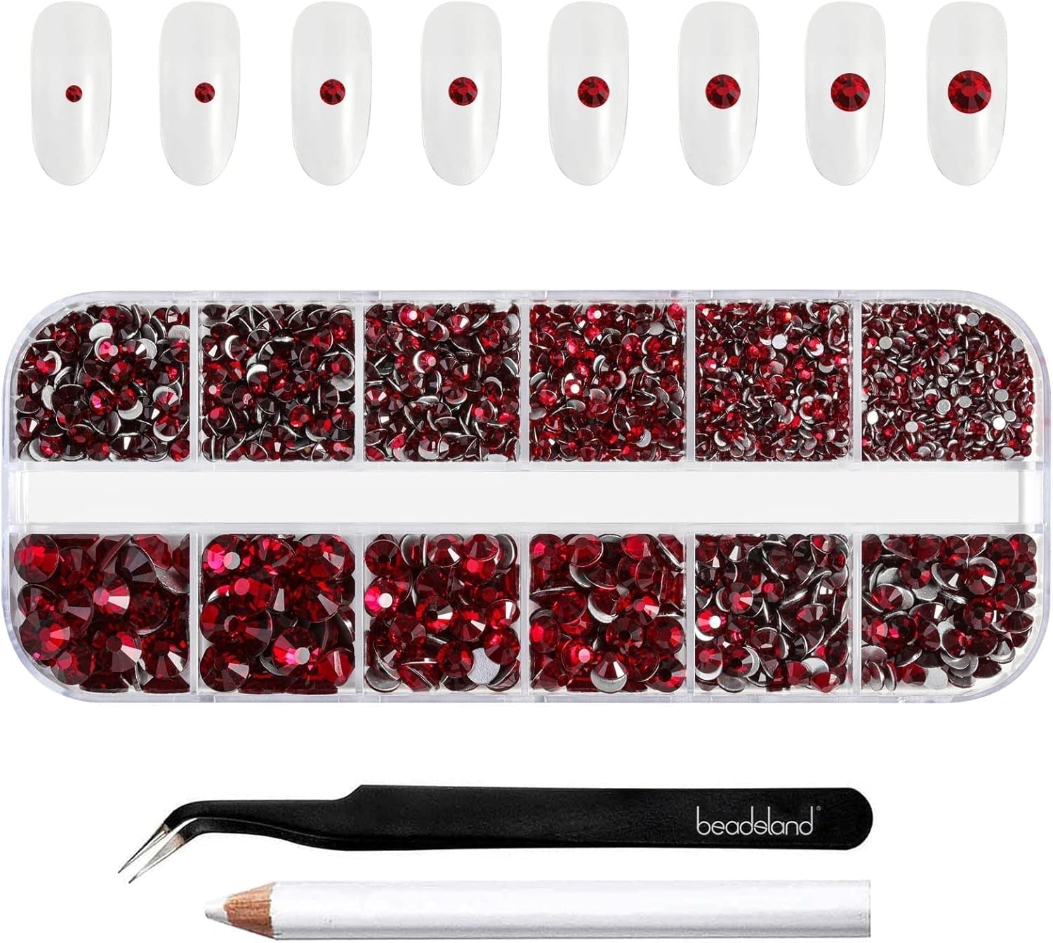 Beadsland 2500 piezas de piedras de cristal para decoración de uñas con parte trasera plana, piedras preciosas para trabajos manuales de 8 tamaños SS4 ~ SS30 con pinzas y puntas (Kristall Weiss)