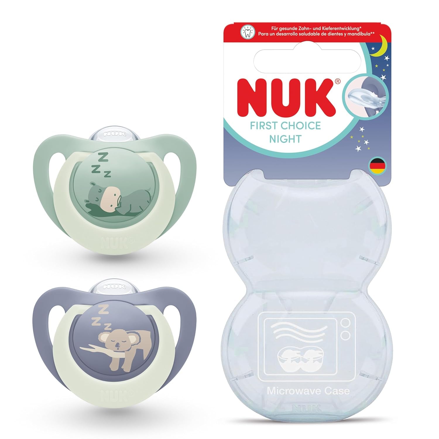 Chupetes de noche para bebés NUK First Choice | 6-18 meses | Chupetes de ortodoncia que brillan en la oscuridad | Calma al 99% de los bebés** | Hipopótamo/Koala | Paquete de 2