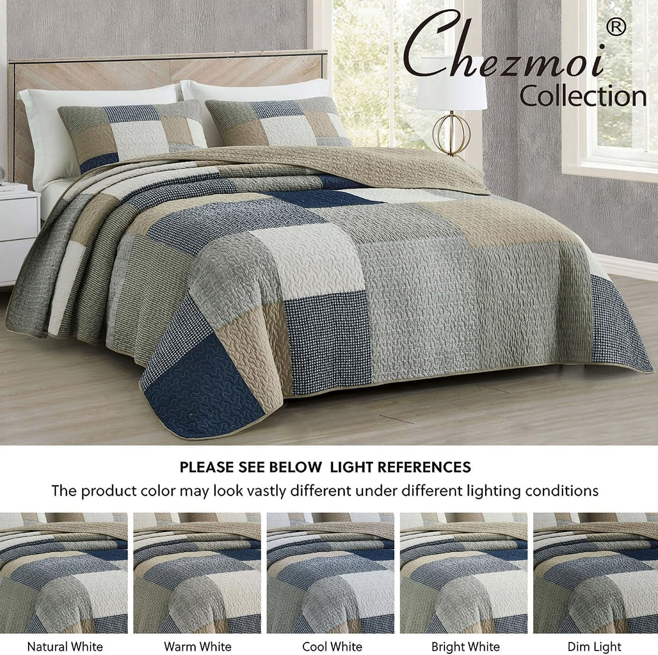 Colección Chezmoi Addy Juego de edredón de retales de algodón prelavado, ligero, reversible, para todas las estaciones, de gran tamaño, 3 piezas, azul marino, blanco, gris, gris topo, edredones y edredones a cuadros Naty Shop