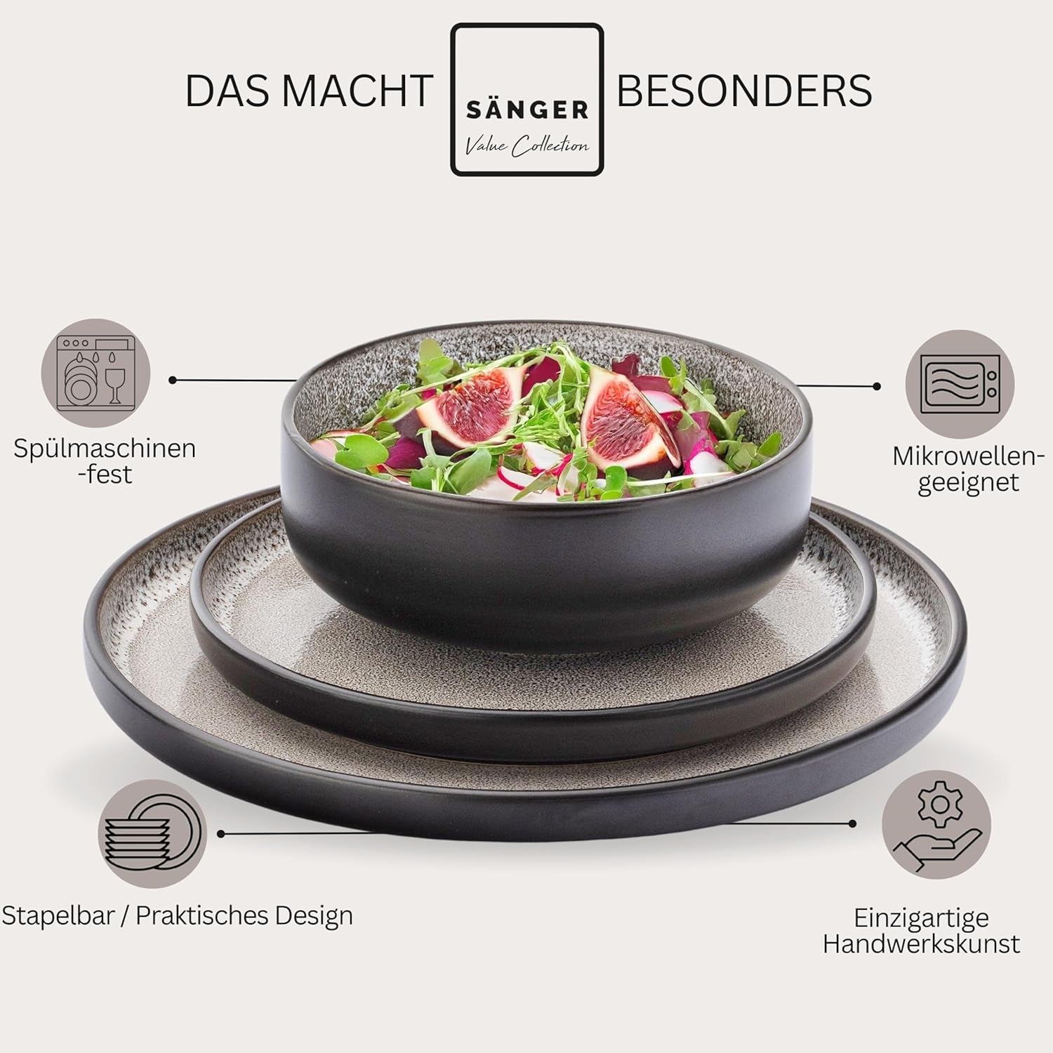 SÄNGER Luxor | Juego de vajilla de gres, 18 piezas, juego de platos para 6, juego de vajilla (6 platos llanos, 6 tazones de cereales, 6 platos de postre), vajilla marrón-beige resistente a los arañazos | LA COLECCIÓN DE VALOR