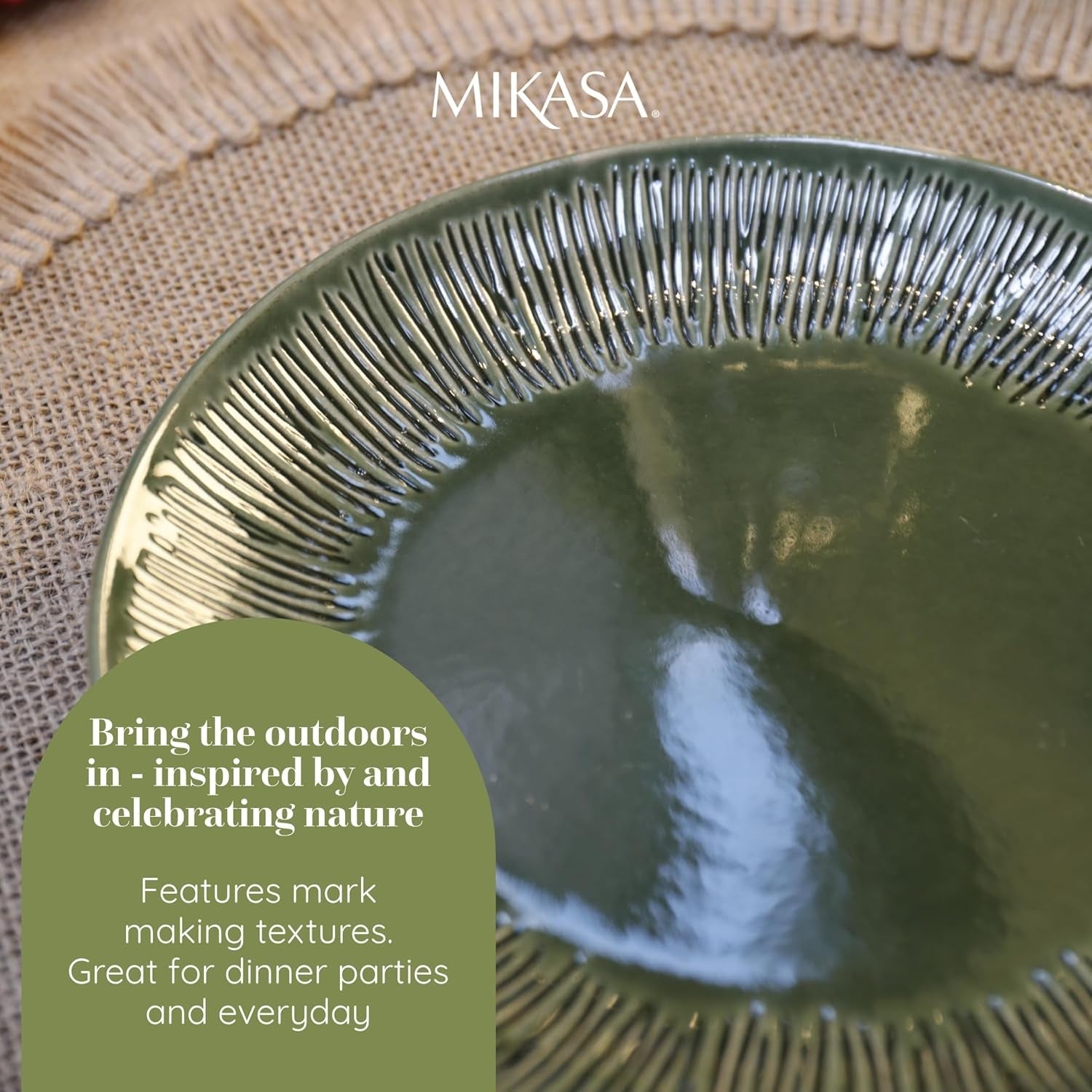 Mikasa Jardin Vajilla de gres de 12 piezas, vajilla para 4 personas con platos, guarniciones y cuencos, verde - Caja de regalo y apta para lavavajillas