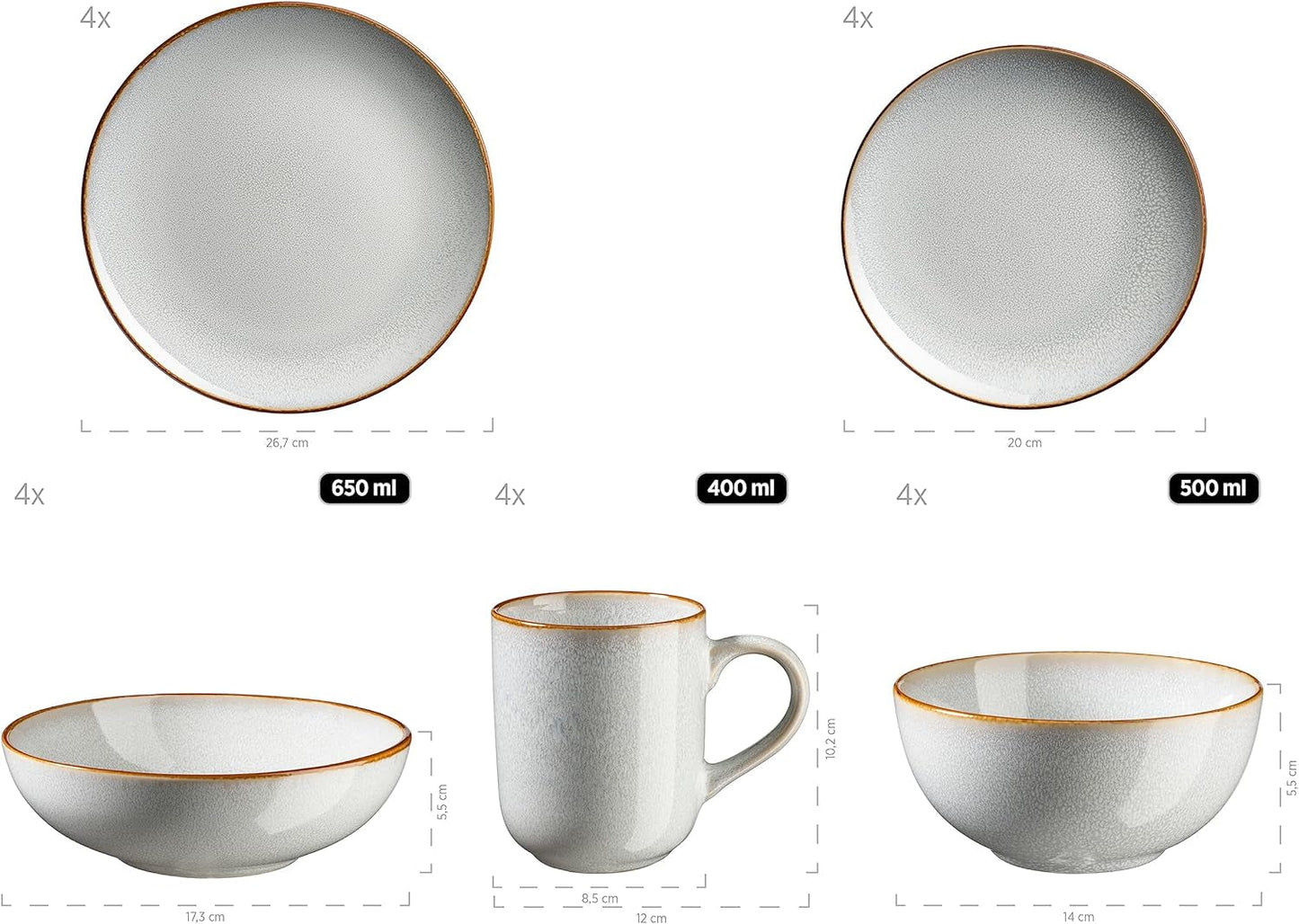 MÄSER Mabella, Vajilla vintage para 4 personas, servicio combinado de 20 piezas con refinado esmalte reactivo y fino borde marrón, Gres, Gris-Beige