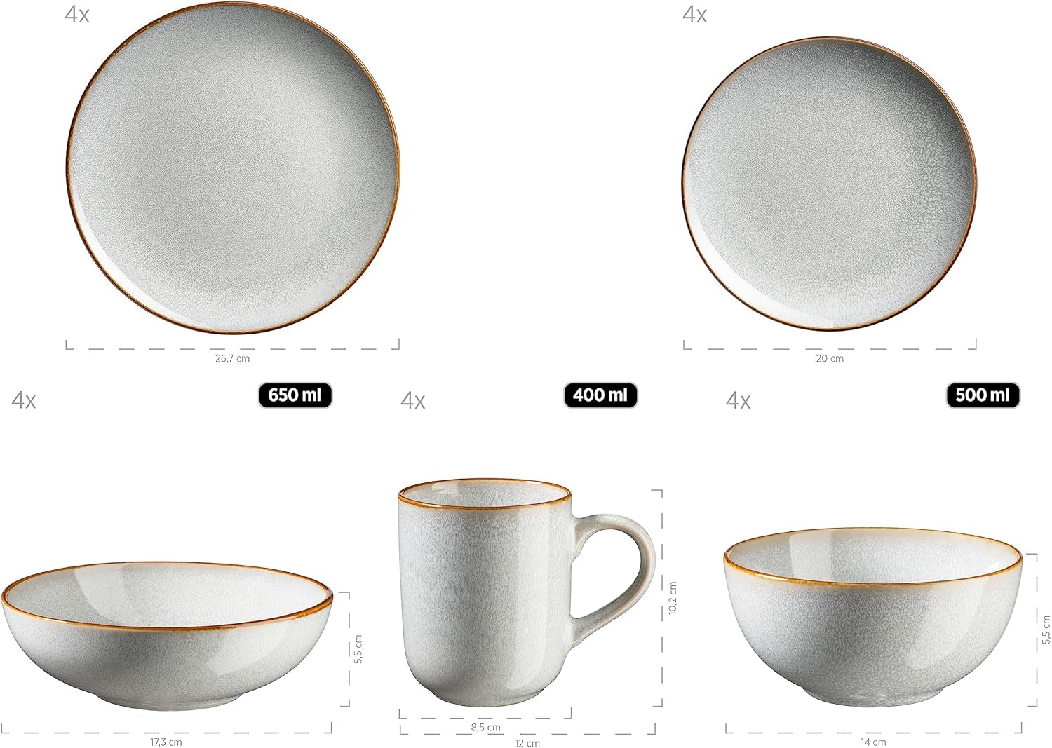 MÄSER Mabella, Vajilla vintage para 4 personas, servicio combinado de 20 piezas con refinado esmalte reactivo y fino borde marrón, Gres, Gris-Beige