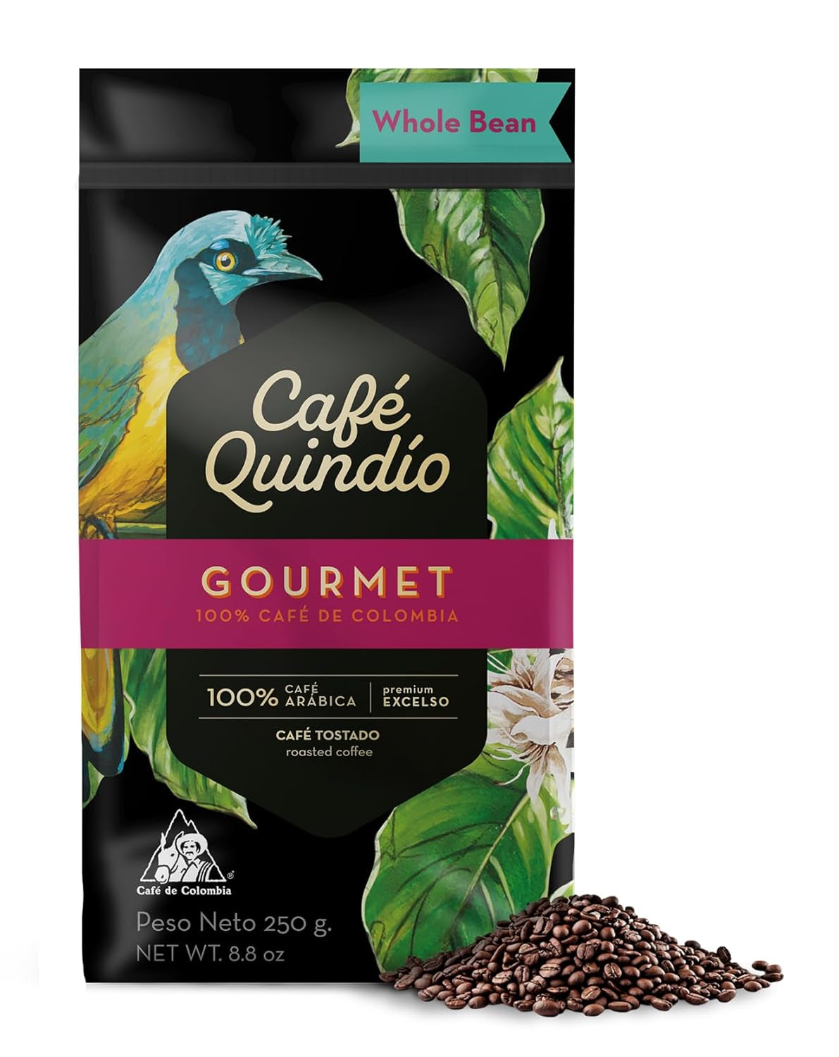 Café Quindio Gourmet - Café Especial - Café 100% Arábica en Grano, Colombia, 250g - ideal para máquinas portafiltro, máquinas totalmente automáticas, café filtrado o prensa francesa