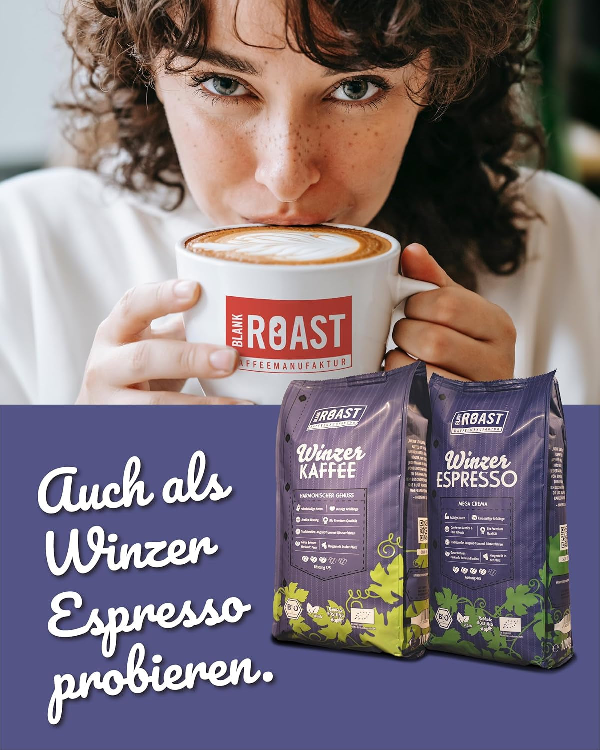 Blank Roast - BIO Winzer Kaffee 1000g - schonend mit Pfälzer Rebholz geröstet - ganze Kaffee-Bohnen aus Peru - 100% Arábica Röstung - schokoladig & nutsig - säurearm
