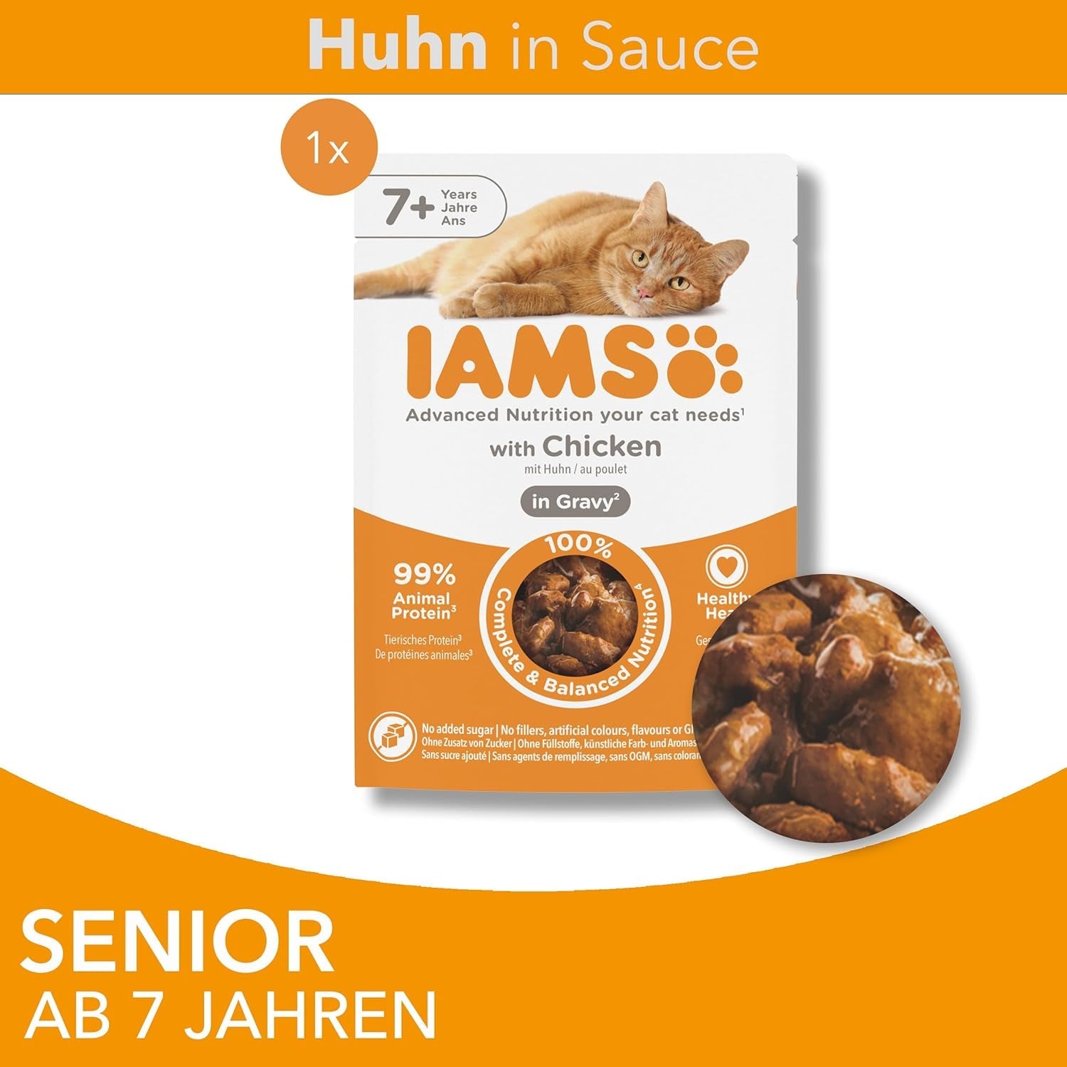 IAMS Delights Comida húmeda para gatos con pollo en salsa para gatos mayores de 7 años y más - Tamaño de prueba, bolsa individual, 1 x 85 g