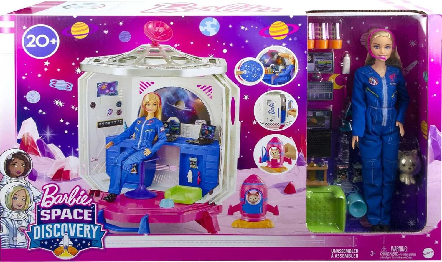 Barbie GXF27 - Aventura espacial en la estación espacial, muñeca espacial, cachorro, estación de trabajo, escenas espaciales, 20 accesorios, juguete de regalo para niños de 3 años en adelante