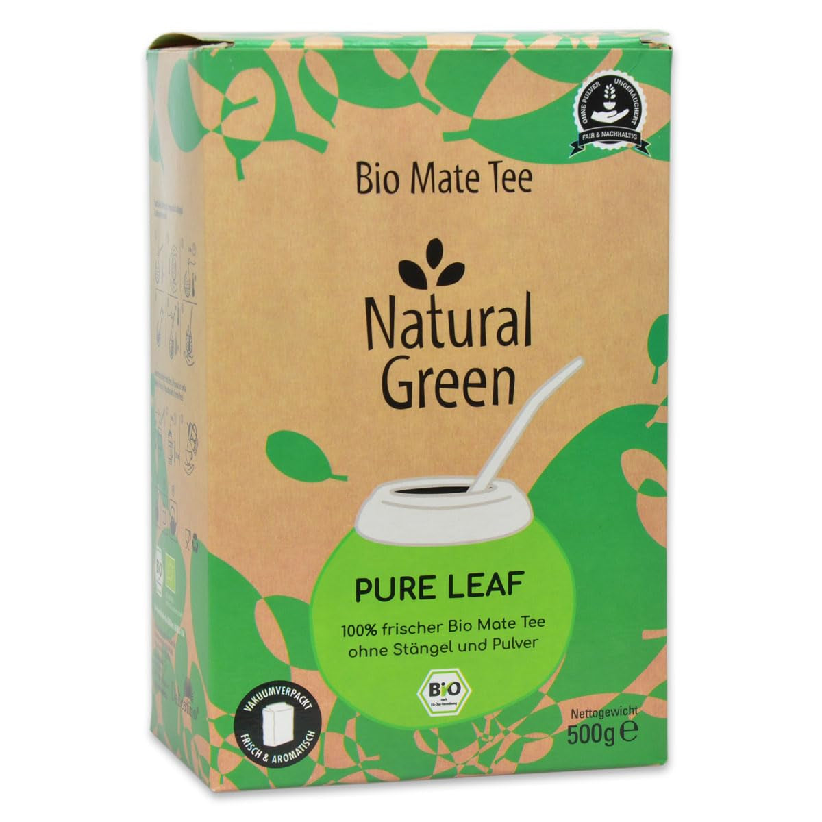 Delicatino - HOJA PURA verde natural 500G, yerba mate orgánica sin tallo, fresca y sin humo, cultivada orgánicamente, envasada al vacío para máxima frescura