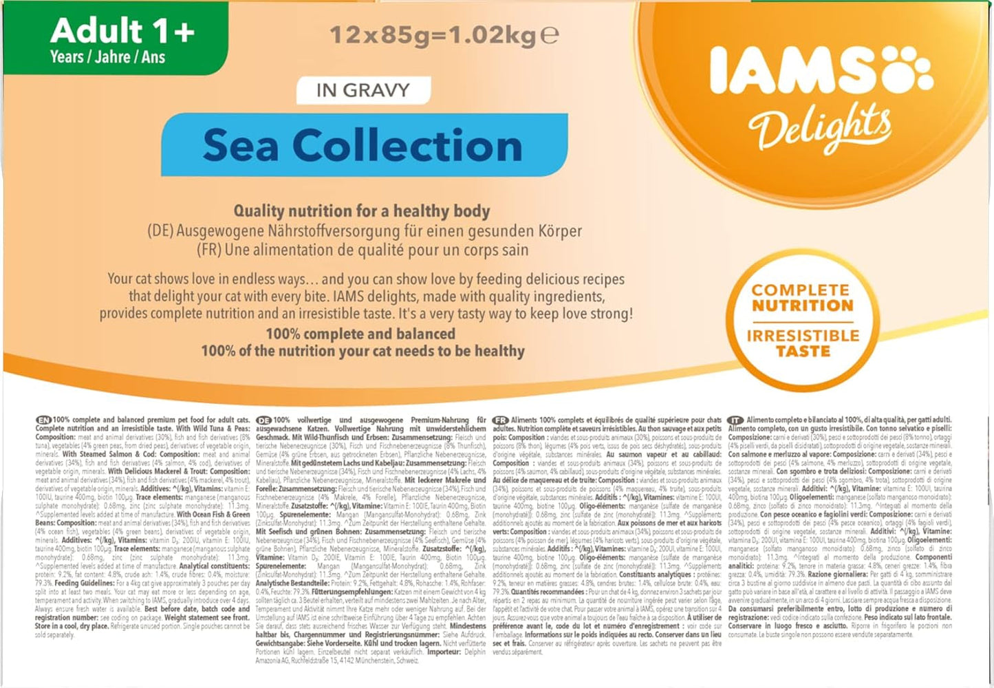 IAMS Delights Sea Collection Katzenfutter Nass - Multipack con pescado clasificado (Lachs, Thunfisch, Caballa, Seefisch) en salsa, Nassfutter para Katzen de 1 año, 12 x 85 g