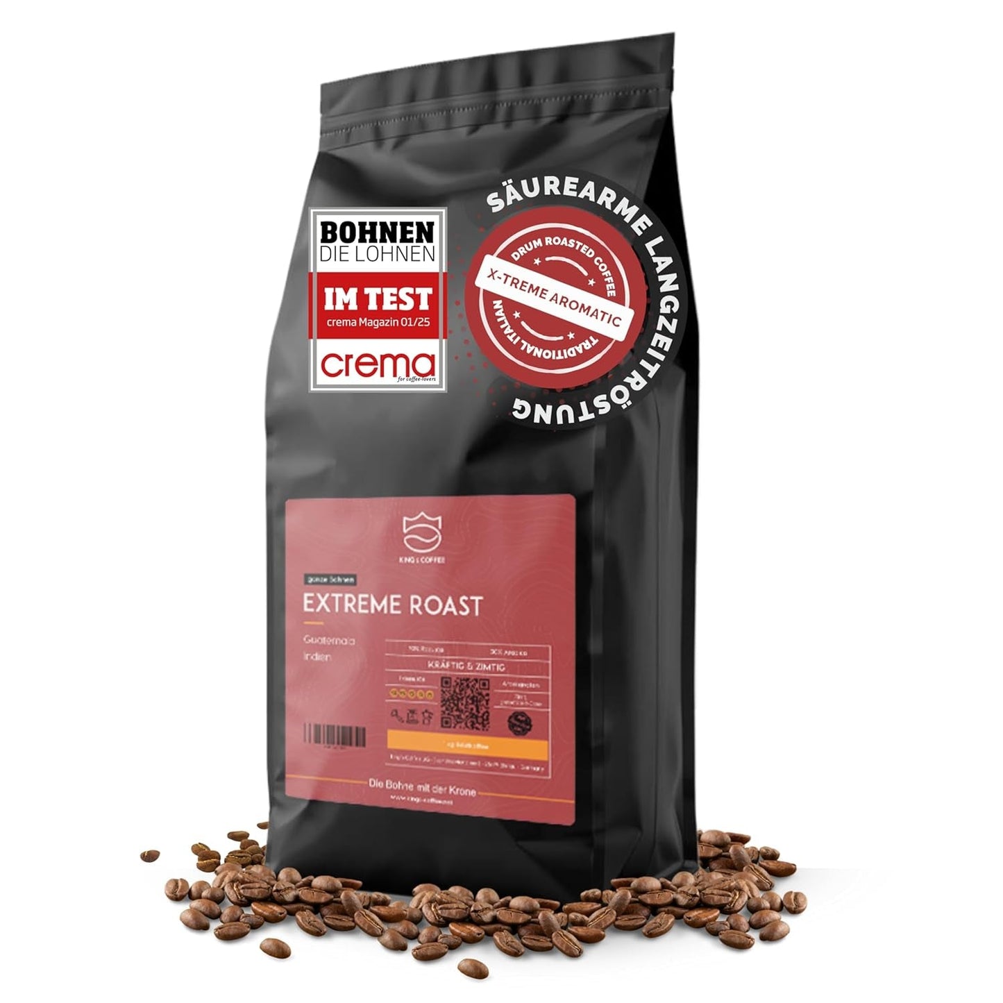 KING'S COFFEE - TOSTADO EXTREMO - Granos de espresso Intenso - acidez muy baja - tostado en pequeños lotes procedente de Italia - granos de café para máquinas totalmente automáticas y portafiltros - 1 kg