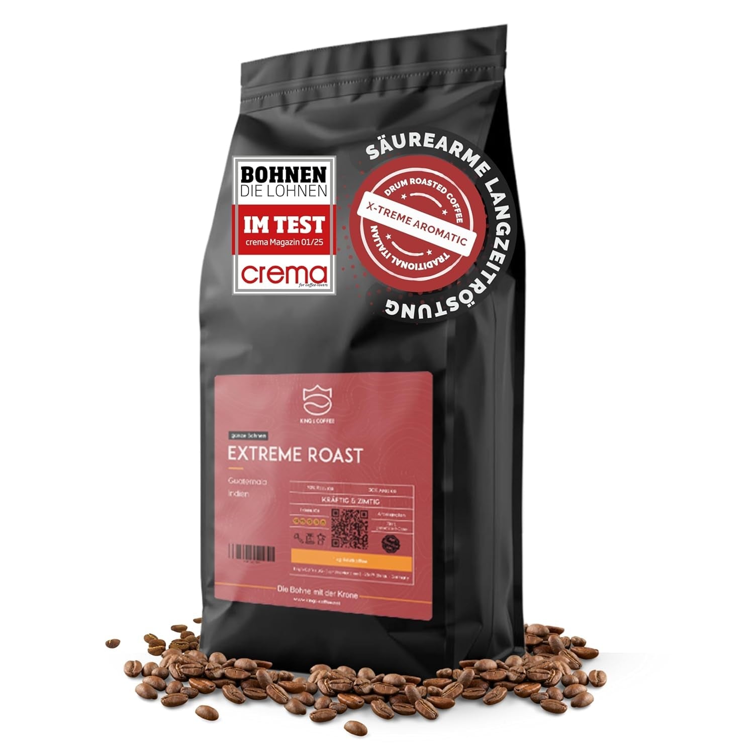 KING'S COFFEE - TOSTADO EXTREMO - Granos de espresso Intenso - acidez muy baja - tostado en pequeños lotes procedente de Italia - granos de café para máquinas totalmente automáticas y portafiltros - 1 kg