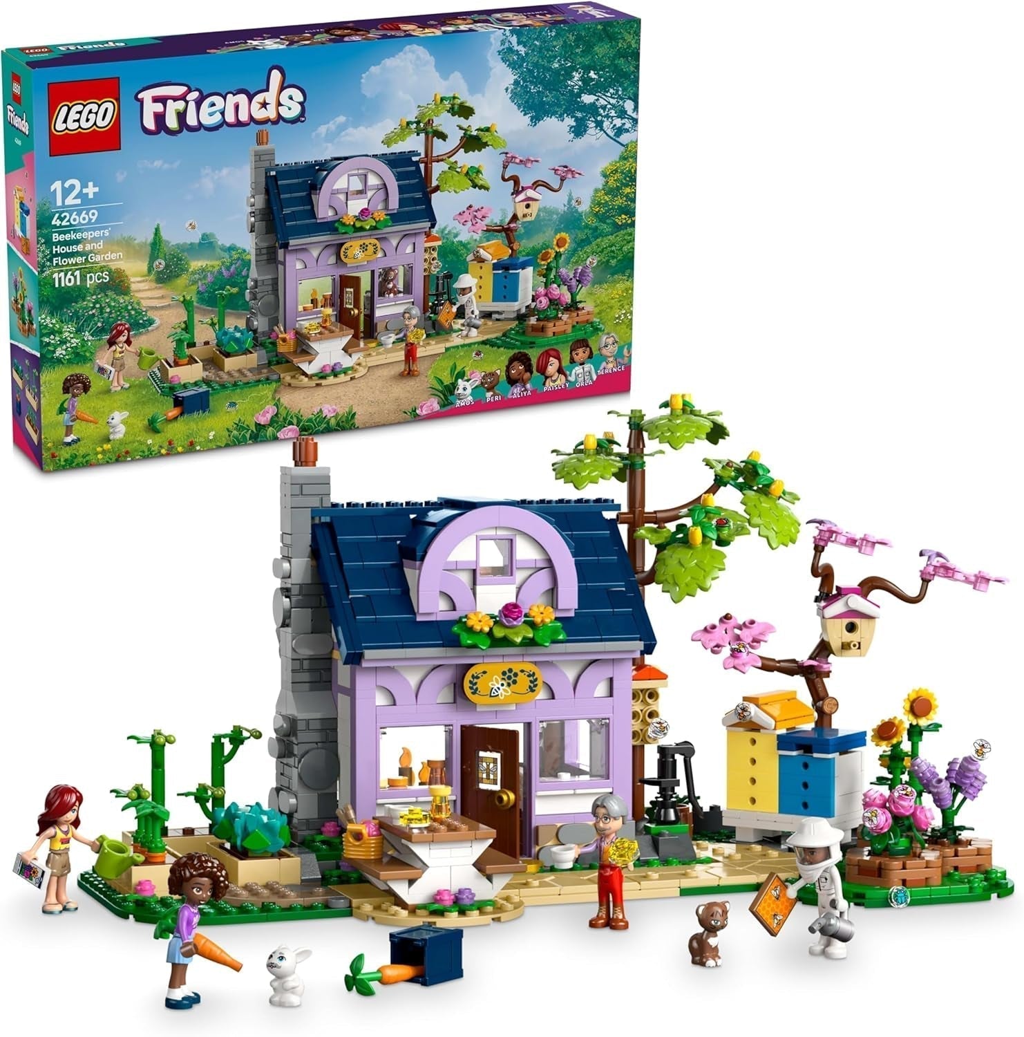 LEGO Friends Casa y jardín de flores El apicultor, juego de construcción, juego de naturaleza, regalo para niñas mayores de 12 años, juego de modelos para construir, 4 minifiguras y figuras de animales, gato y conejo 42669 Juegos de construcción Besuche den LEGO-Store Default Title