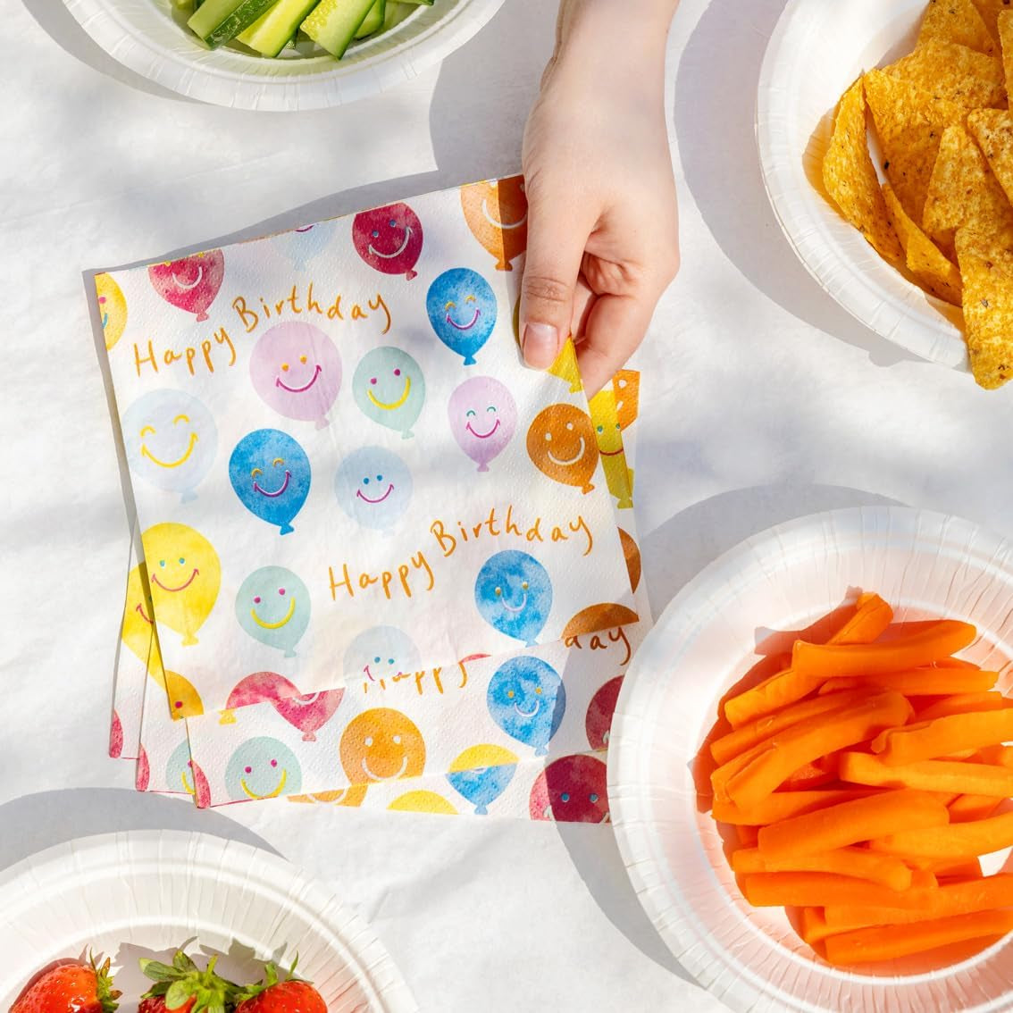 Servilletas de papel con cara sonriente de feliz cumpleaños de alta calidad Servilletas de globos para catering de fiestas Servilletas desechables ecológicas compostables duraderas reciclables