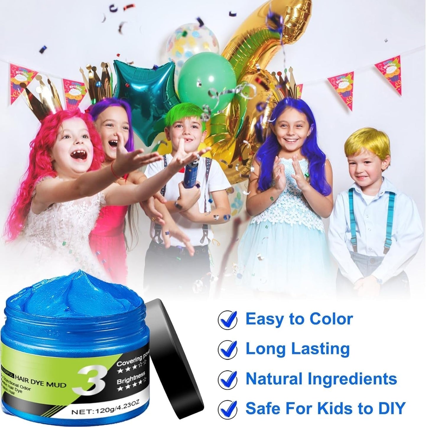Cera para el cabello azul, spray para el cabello azul temporal, color azul loco, tinte para el cabello lavable, tinte para el cabello instantáneo, color de cabello natural, peinado para hombres, mujeres, fiesta, Naty Shop