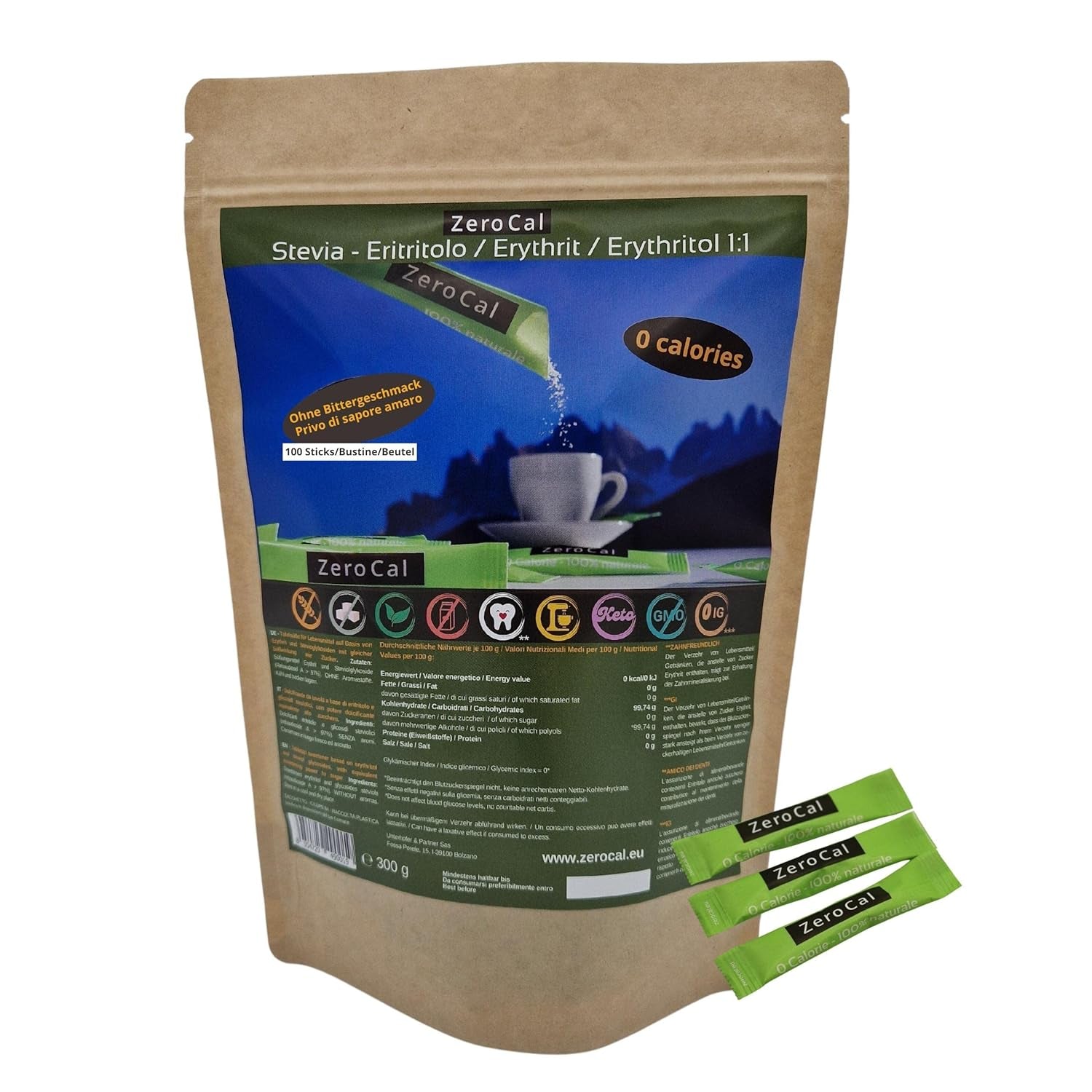 Zerocal - 1:1 (Eritritol + Stevia) 100 Sticks Je 3 G | Ideal para endulzar café, té y otras bebidas Gleiche Süßkraft Von Zucker | Sin gluten, vegano, sin OGM | Kalorien Und GI = 0 Edulcorantes Naty Título predeterminado de la tienda