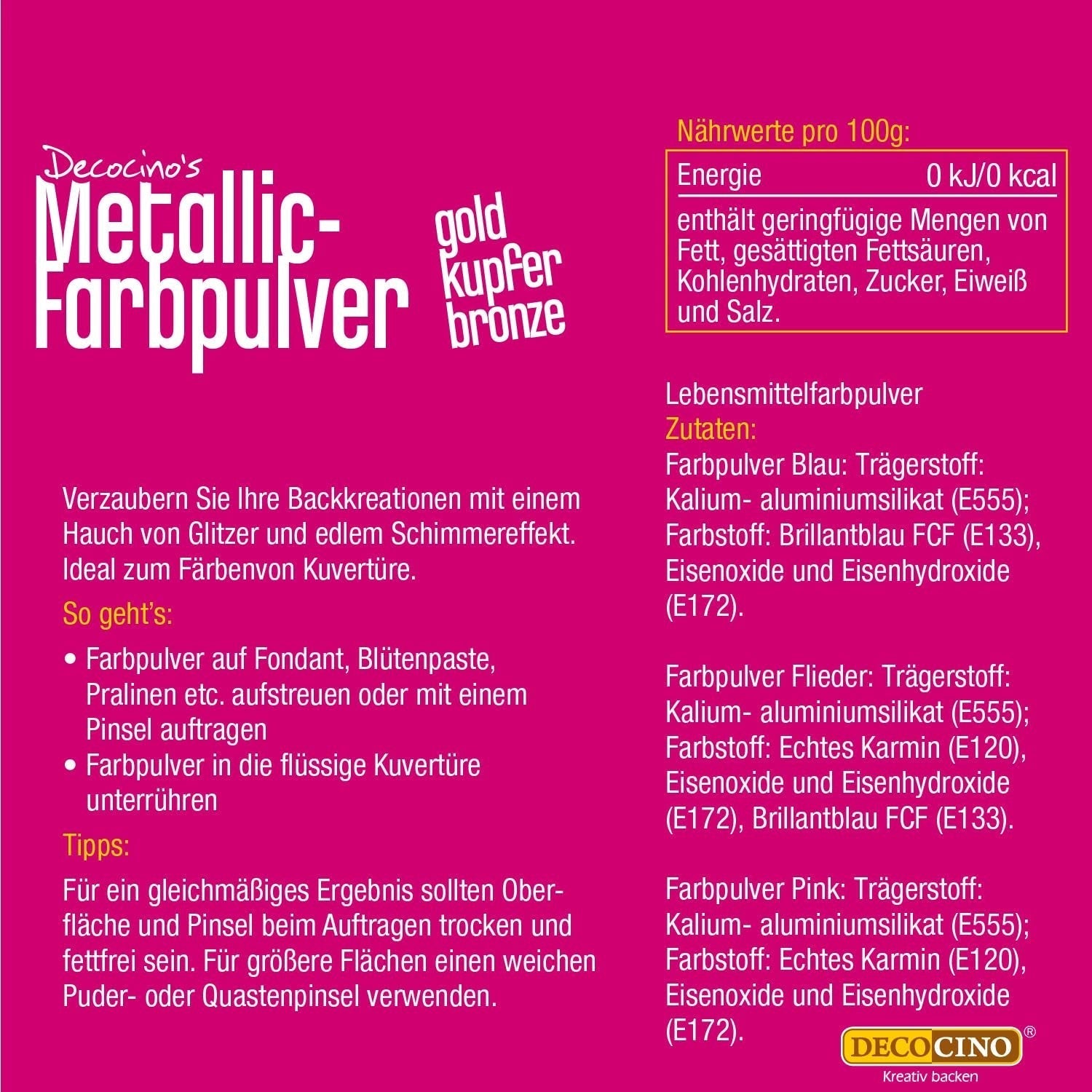 DECOCINO Polvo Colorante Pastel Metálico (3X2G) – Azul, Lila y Rosa – Colorante Alimentario en Polvo – Polvo con Purpurina Adecuado para Fondant como Decoración de Pasteles y Decoración de Pasteles!