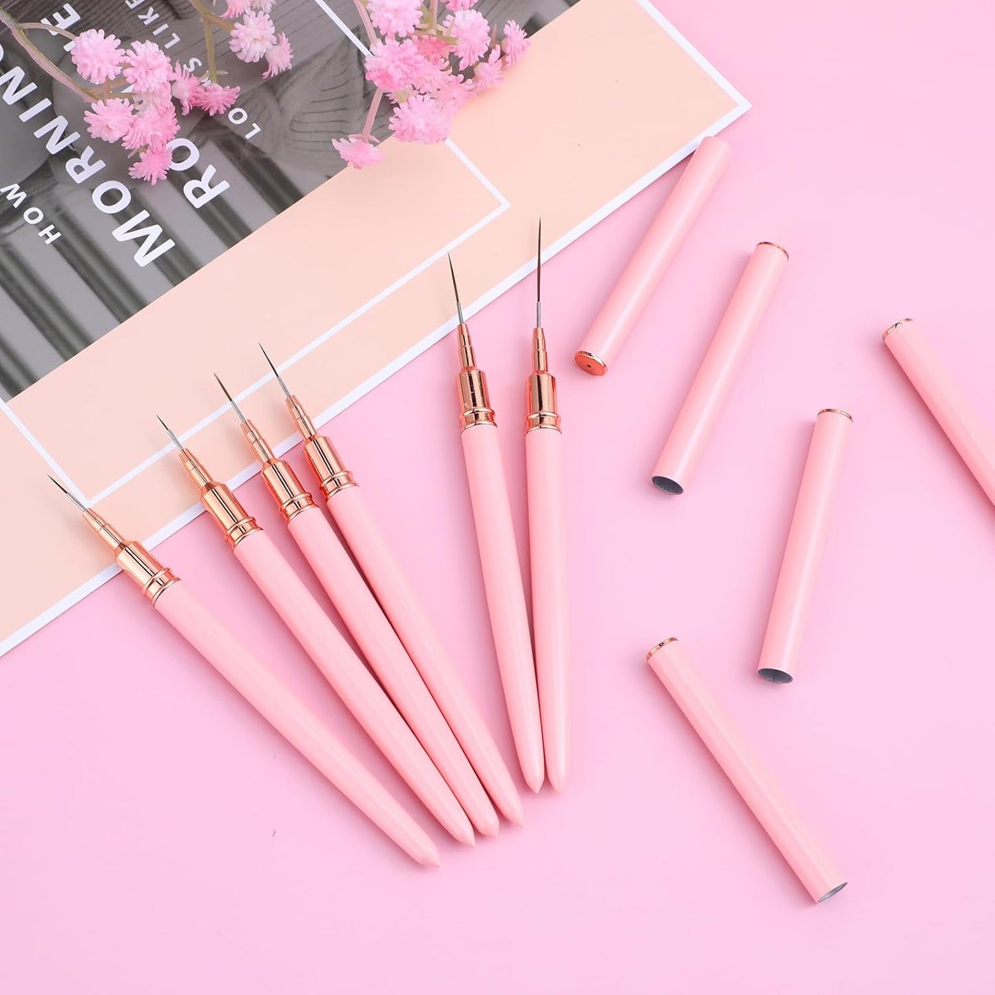 6 Stück Liner Nailart Pinsel Nageldesign Pinsel Set Dünn Acryl Nagelpunkt-Zeichenwerkzeug Nägel Dünne Nagelpinsel Set para Lange Linien, Dünne Detalles, Feines Zichnen 5/7/9/11/15/25 Mm (Rosa)