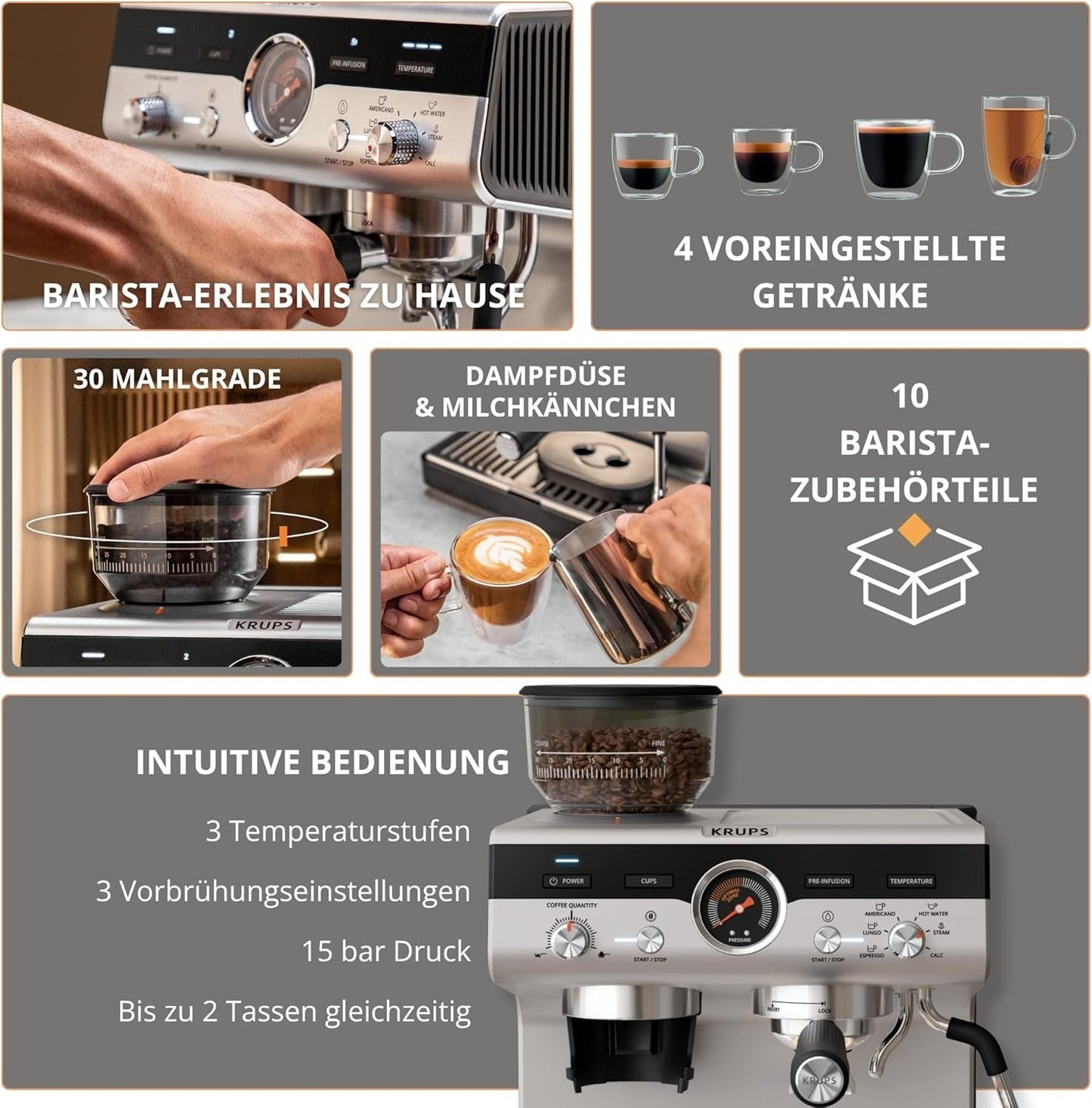 Krups Precision Cafetera espresso manual con portafiltro y molinillo, Cafetera barista con panel de control intuitivo, ajustes de preinfusión, Cafetera espresso con boquilla de vapor, calentamiento rápido, XP801T10