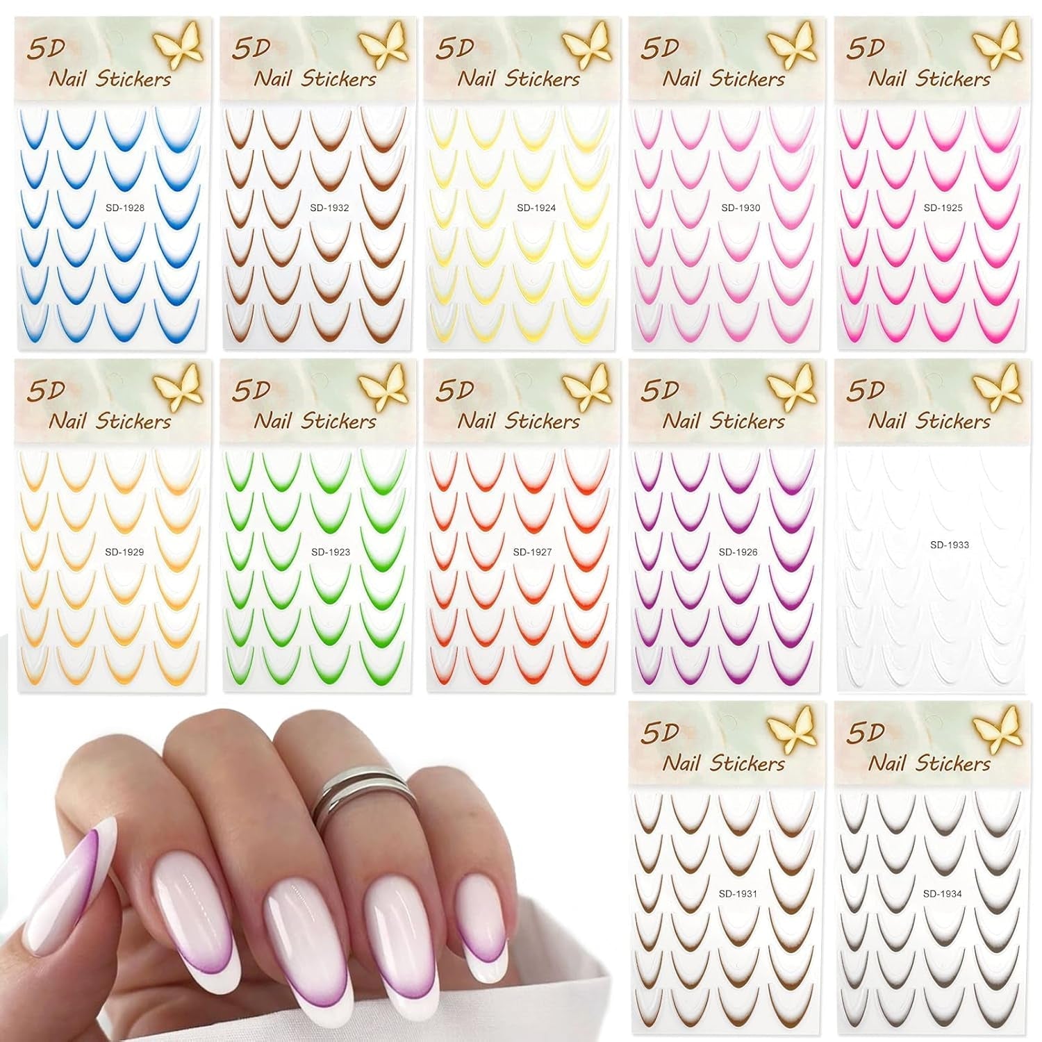 12 Stück French Tip Nagelsticker Selbstklebend Bunte French Nails Schablone Nagelaufkleber Nail Art Stickers Nageldesign DIY Nägel Zubehör (12 colores)