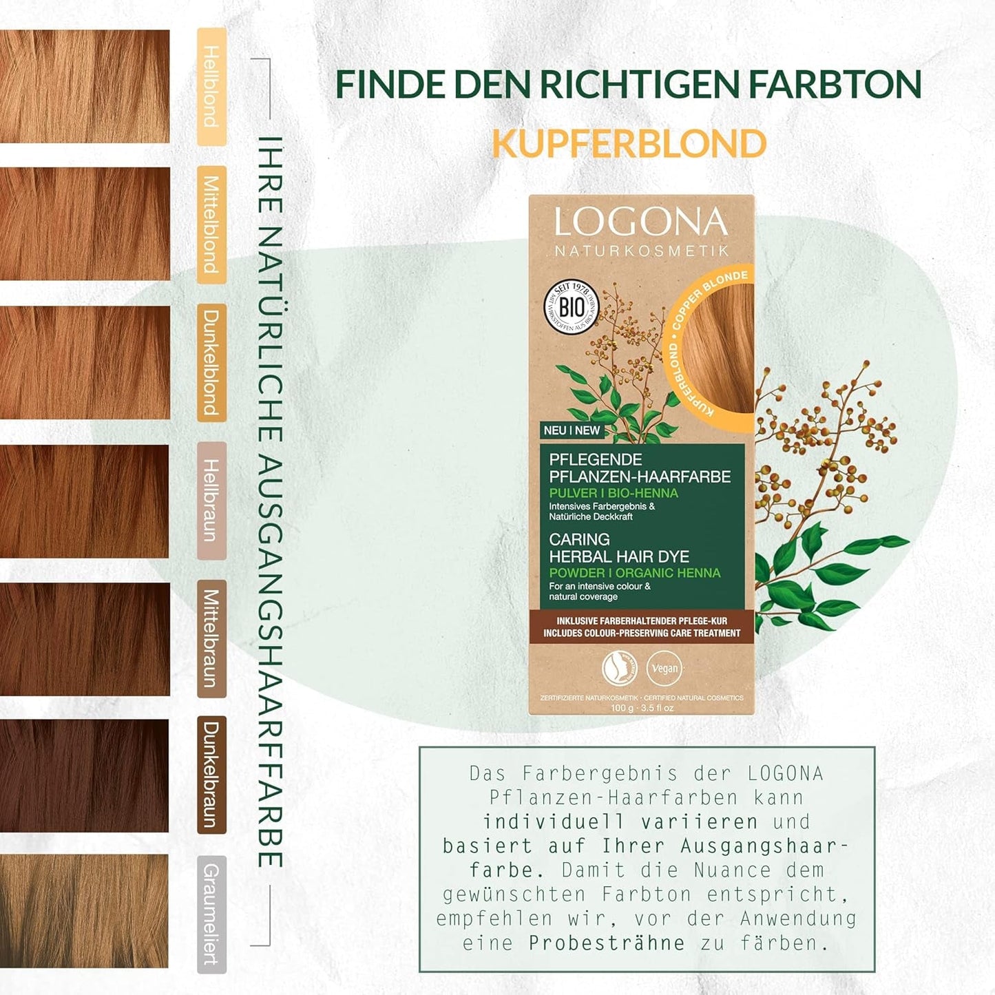 LOGONA Natural Cosmetics Tinte capilar nutritivo a base de hierbas, Henna orgánica en polvo, tinte vegano para un color y brillo intensos, tinte capilar a base de hierbas en rubio cobrizo (rubio), 1 x 100 g Naty Shop Tinte para el cabello
