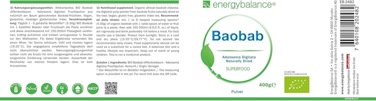 Baobab orgánico en polvo - vitamina C, calcio, magnesio, potasio, 400 gramos Aromas Naty Shop