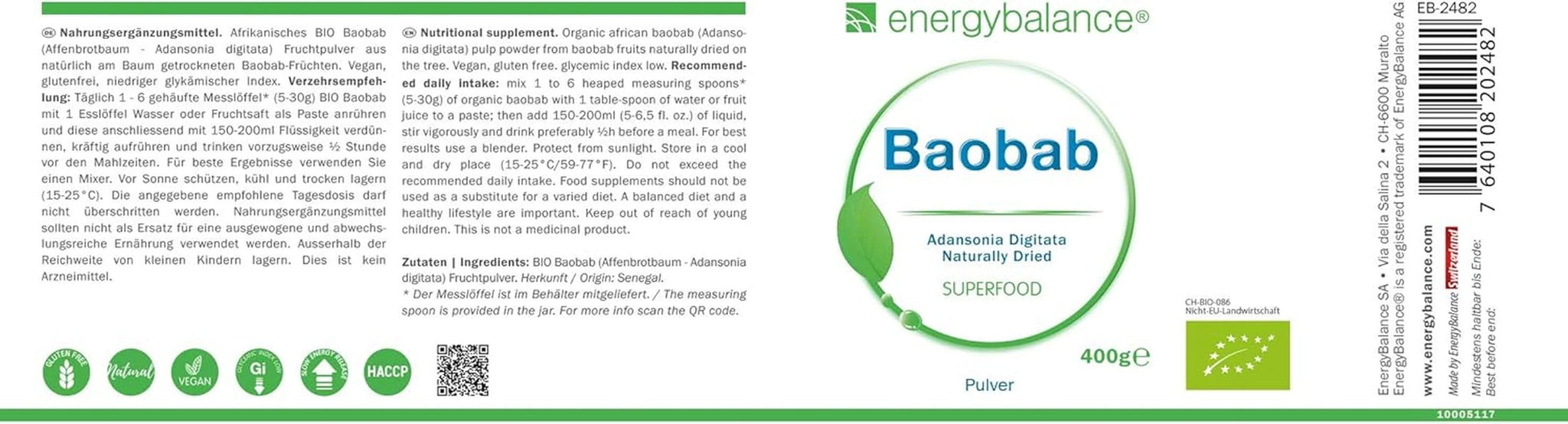 Baobab orgánico en polvo - vitamina C, calcio, magnesio, potasio, 400 gramos Aromas Naty Shop