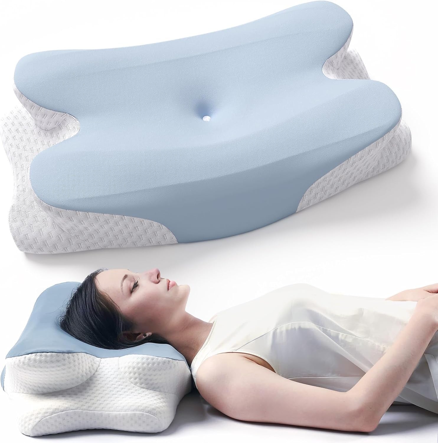 RUMMY Almohada Ergonómica de Espuma Viscoelástica con Funda Lavable Extraíble para Dormir de Lado y Boca Abajo (Gris) Almohadas Ortopédicas Cervicales Naty Shop Azul