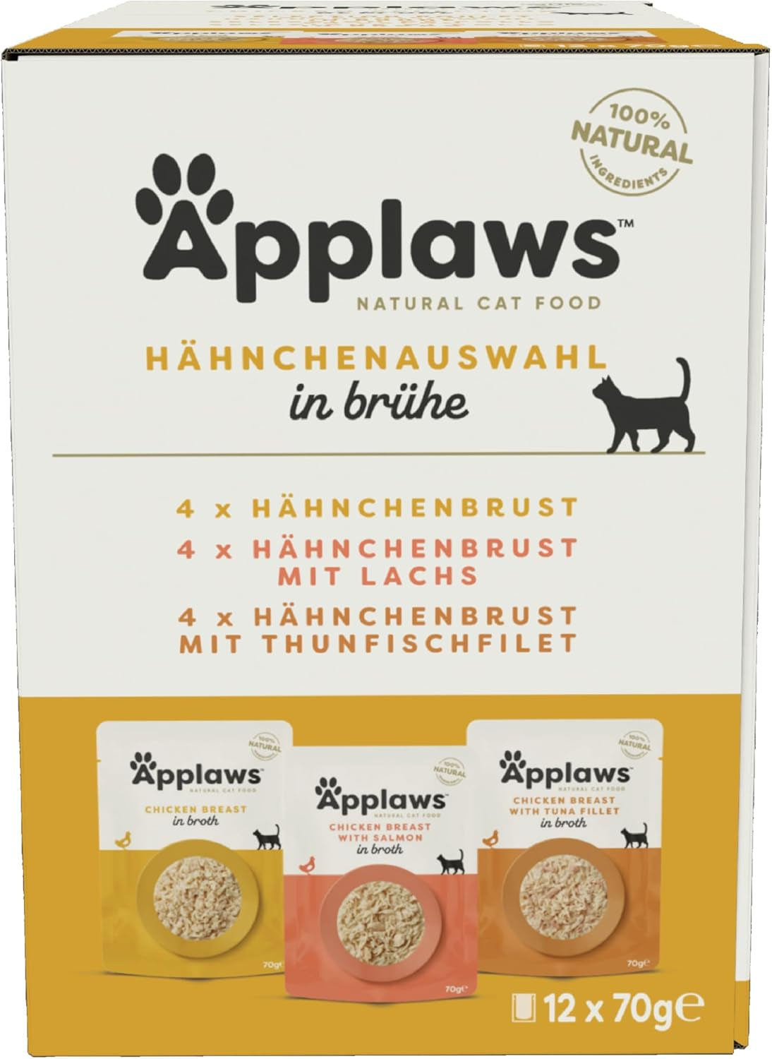 Applaws Sobres de comida húmeda natural para gatos Paquete múltiple Selección de caldo de pollo - 12 sobres x 70 g
