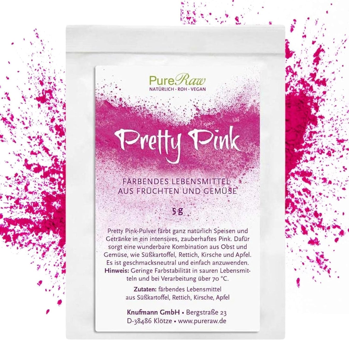 Pretty Pink Natürliche Lebensmittelfarbe Pulver Rosa (Roh Vegan) Pastel Rose Bis Intensiv Rosa-Rot - Essbare Farbe Für Lebensmittel Aus Früchten Und Gemüse - Colorante alimentario natural | Pureraw 5G Naty Shop 5 G (Pack 1Er) Rosa