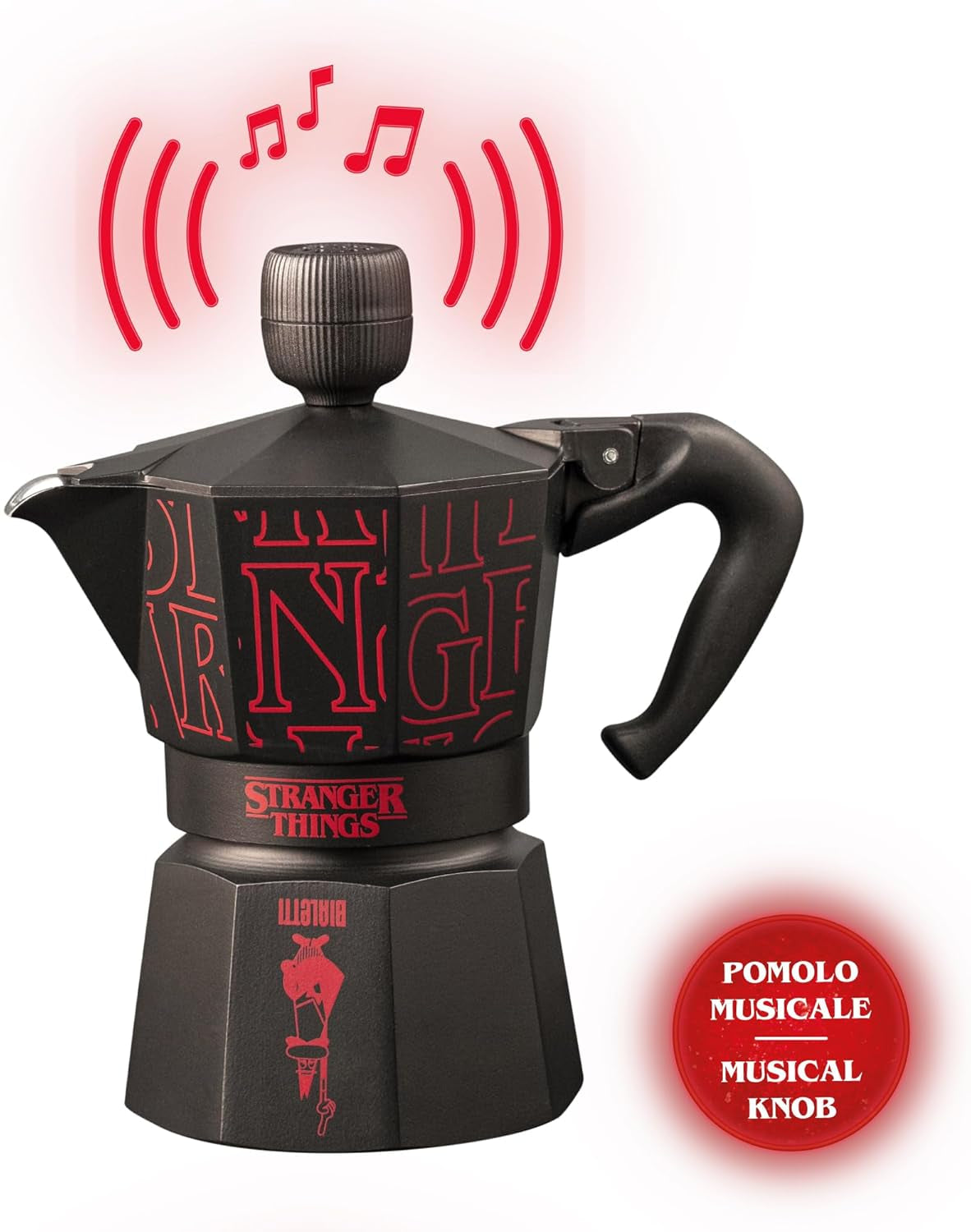 Bialetti Moka Express Stranger Things Cafetera de 3 tazas, Botón de música con función de carga USB-C, No apta para placas de inducción, 3 tazas (130 ml), Negra